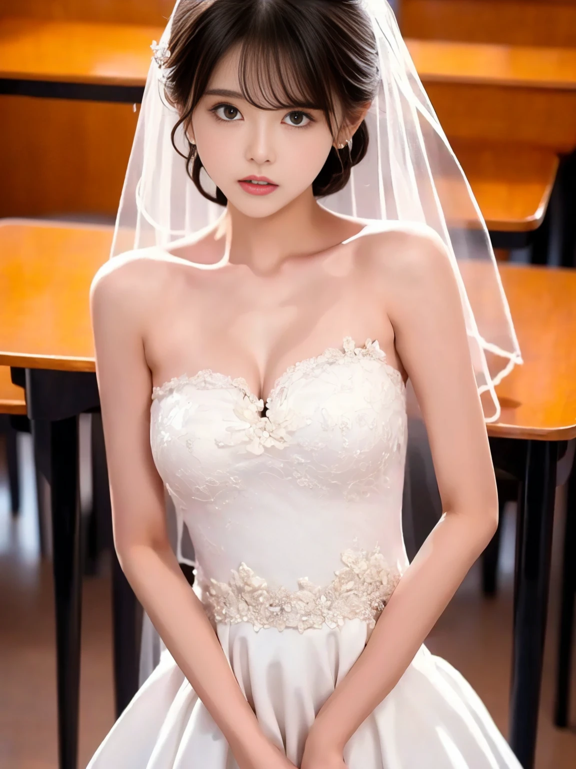 ,(((Pixel perfect, Perfect details))), alone, 1 girl, yuigahama yui, Close-up of beautiful bride wearing beautiful wedding dress,Gurwitz, (bridal veil:1.5),(transparent short veil:1.5),blush,eye shadow,Blushing face,Head flower,headgear,bouquet,(tube top wedding dress:1.5),(silk dress:1.2),(strapless wedding dress:1.5),pure white dress,necklace,earrings,(large breasts:1.3),Bangs,lipstick,(White long elbow gloves:1.4),whole body照,High-detail RAW color art,White long skirt,whole body,(in the classroom:1.3),18 years old, (long twintails:1.5),(double bun:1.5), black hair
