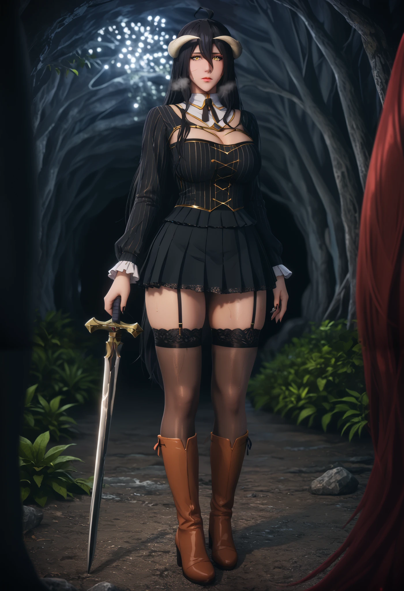 cham22, score_9, score_8_up, score_7_up, score_6_up, score_5_up, score_4_up, uncensored, albedo \(overlord\), black hair, long hair, demon horns, slit pupils, yellow eyes, mature female, anime coloring, anime screencap, shiny skin, (voluptuous:1.3), (thick:1.3), BREAK UHD, retina, masterpiece, accurate, anatomically correct, textured skin, super detail, high details, high quality, award winning, best quality, highres, 4K, black nails, makeup, eyelashes, excessive sweating, sweating, sweating drop, (gasping, heavy breathing:1.3), (skindentation:1.2), perfect eyes, beautiful eyes, eyelashes, makeup, detailed body, perfect body, BREAK, collared shirt, long sleeves, black ribbon, neck ribbon, vertical-striped shirt, black corset, dark red skirt, pleated skirt, frilled skirt, 1girl, holding sword, zettai ryouiki, boots, cave, forest, night, bokeh, field, looking at viewer, gloomy expression, electricity, 