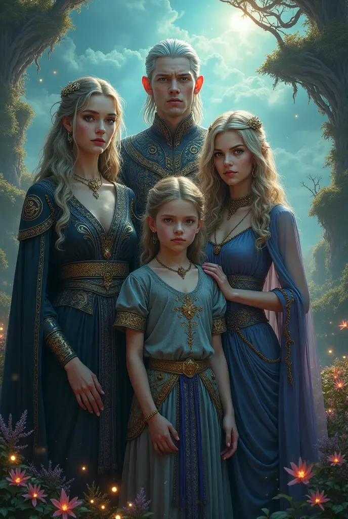 I would like to create an image that shows a Velaryon protagonist for a fanfic with her family, that is, her six children. The protagonist has slightly tanned skin, white hair, and dark purple eyes. Her first son, named Baelon, has the characteristic features of a Targaryen and is tall and robust. Her second son, the twin of the first, is less stocky but with a friendly and fun-loving appearance named Corlys. Then her daughter Saera who has the typical characteristics of a Targaryen and with a friendly face, slender and delicate features. Then Vicerys the last son who is tall and serious in appearance. Then Rhaenys who has a graceful and elegant bearing and is very beautiful. And then the younger twins Nimerya and Aemma who are very beautiful and with beautiful bodies. I would like all the characters to wear red or blue.