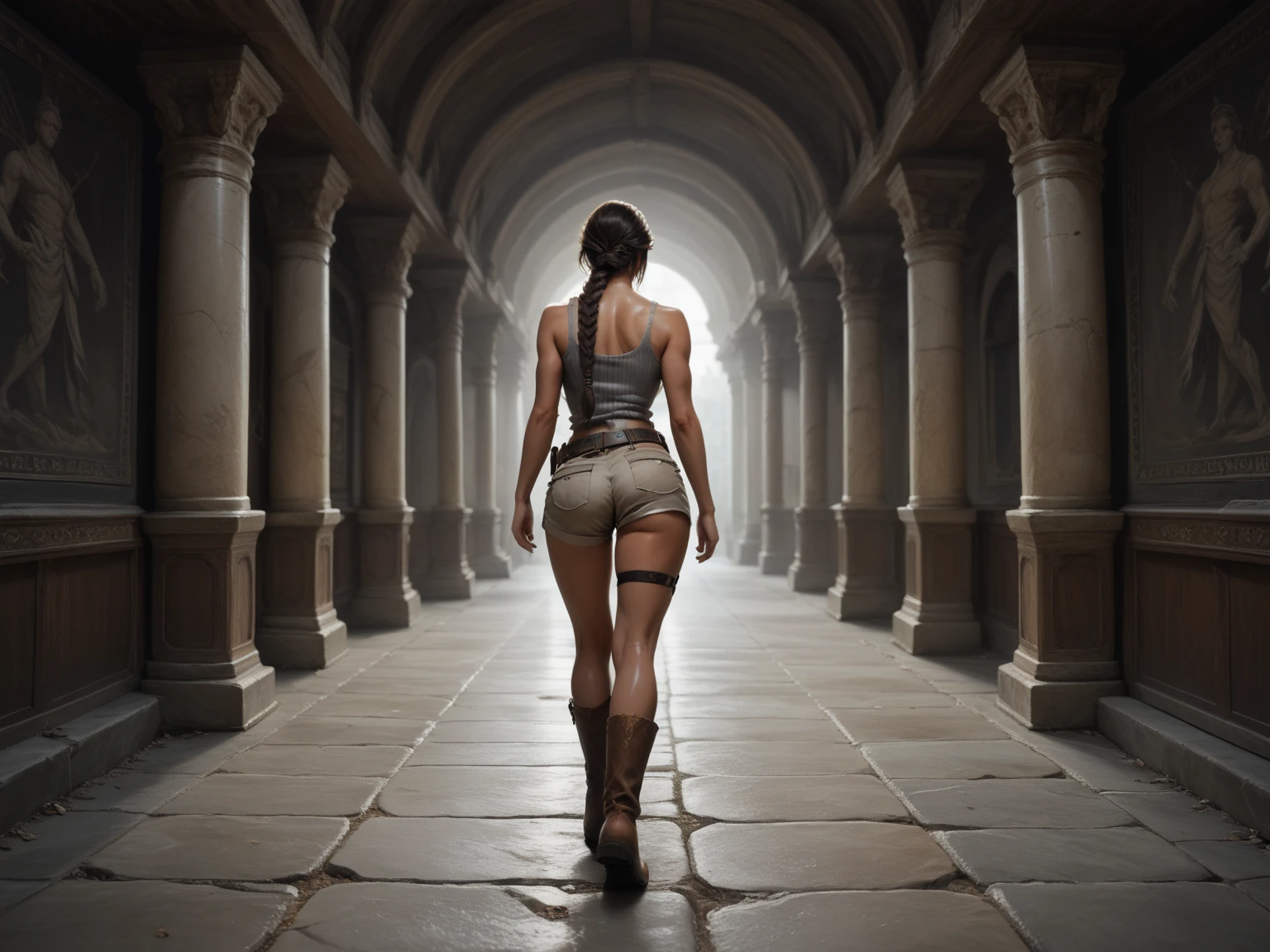 (Lara Croft, nude, large breasts, sparse pubic hair) rear view, full body, pussy and ass gaping, beside a golden idol in ancient ruins in the jungle