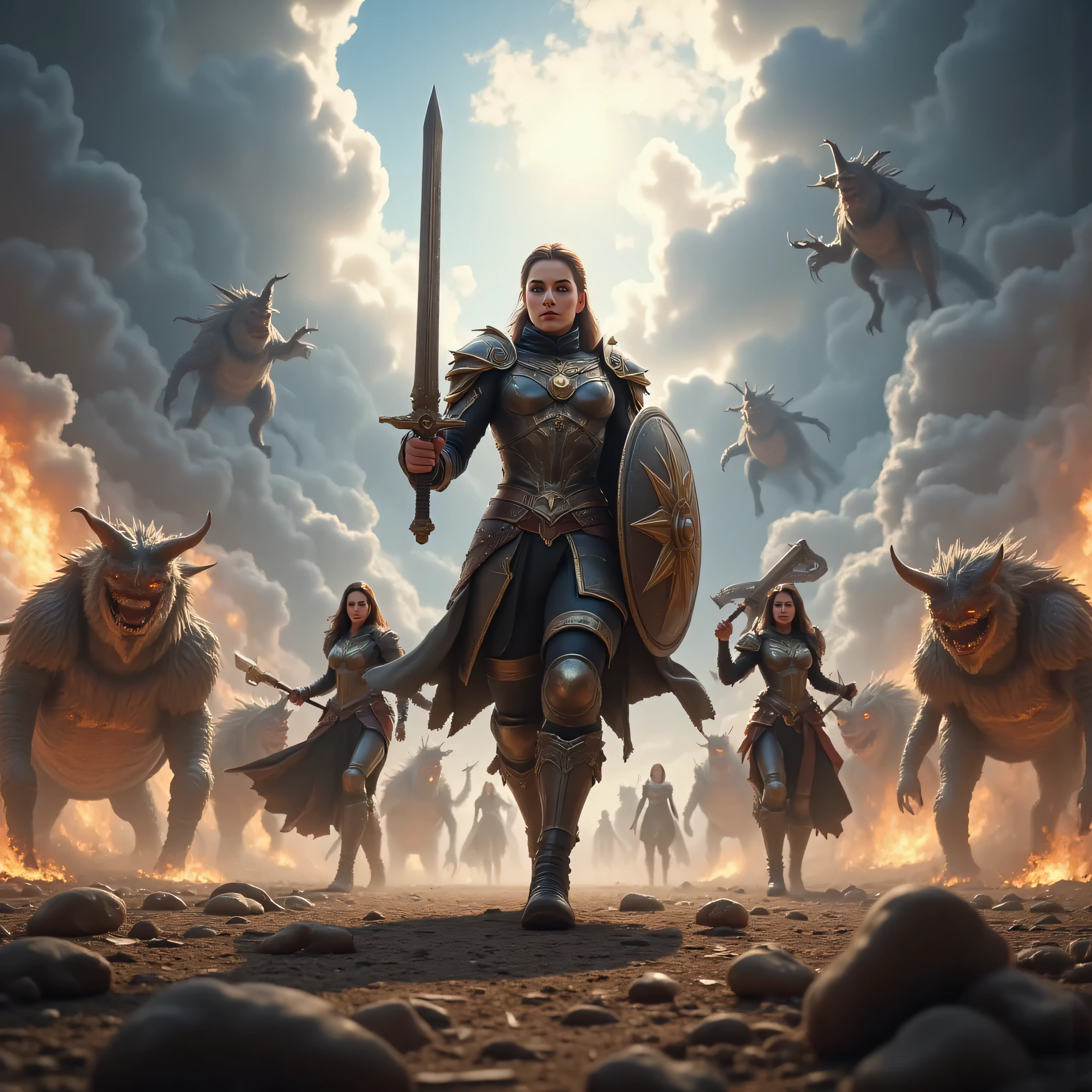 A cinematic ultra high-quality, ultra-realistic battle scene viewed from the perspective of a male hero wielding a sword and shield. The hero is accompanied by three female companions: a fierce warrior with a large axe, a serene priest casting healing magic, and a powerful mage unleashing fiery spells. They are fighting against a group of ferocious monsters on an open battlefield. The scene is highly detailed with dramatic lighting, sharp-focus, vivid colors, and dynamic poses. The action is intense, resembling a ultra-high-definition photograph, with no inappropriate or unrealistic elements