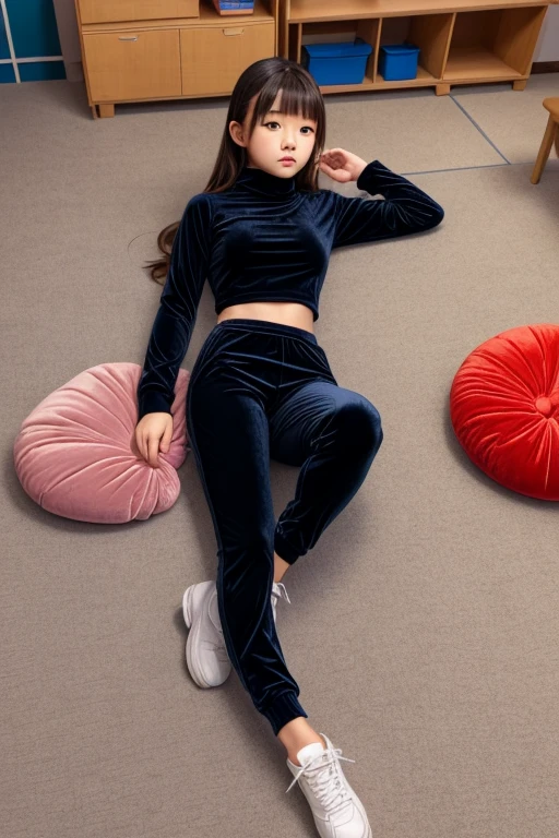 a woman, (wearing blue silk oversized_puffer_jacket:1.3), Lie down on the grass, Overhead camera, sharp focus, handsome,plump legs, skinny,professional lighting,city, eyelines,gold necklace,rendered eyes,tall body,adult woman,hair ornament,instagram most viewed,official wallpaper, official art,(kpop idol), mini skirt, half-closed eyes,building,((photorealistic painting art by midjourney and greg rutkowski)),((supermodel)), thighhighs leggings, (tight crop top)