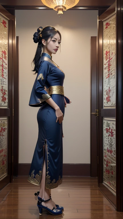 Best quality,masterpiece,ultra high res,(photorealistic:1.4),xiuxian,weapon,Detailed face, 1girl,solo,weapon,cleavage,(magic circle:1.2),xiuxian,upper body,Beautiful girl,full body,east asian architecture,sheath,architecture,