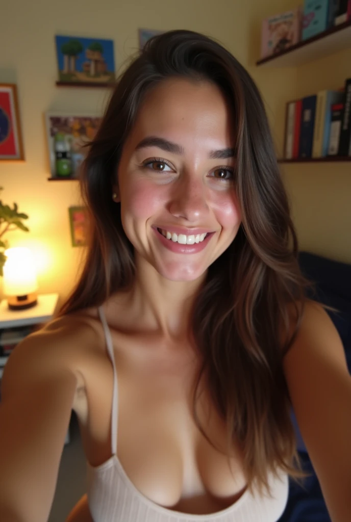 create a realistic photo, a beautiful 20 year old girl is taking an amateur selfie for Instagram, The photo should be realistic, but the quality not so good, add texture to the hair and skin, facefocus, she is without clothes, breasts big, she is in her room, in the background some nba paintings, add pores and some blemishes to her face, The photo was taken with a Motorola, amateur photo, instagramart
