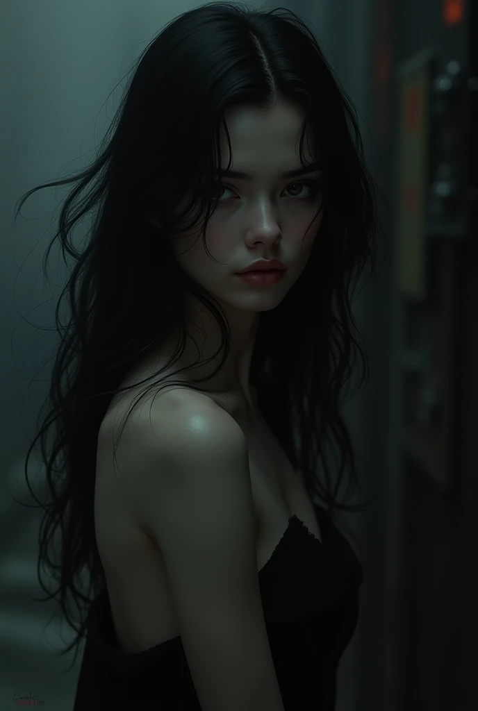 woman with long hair seeing something scary but not exaggerated