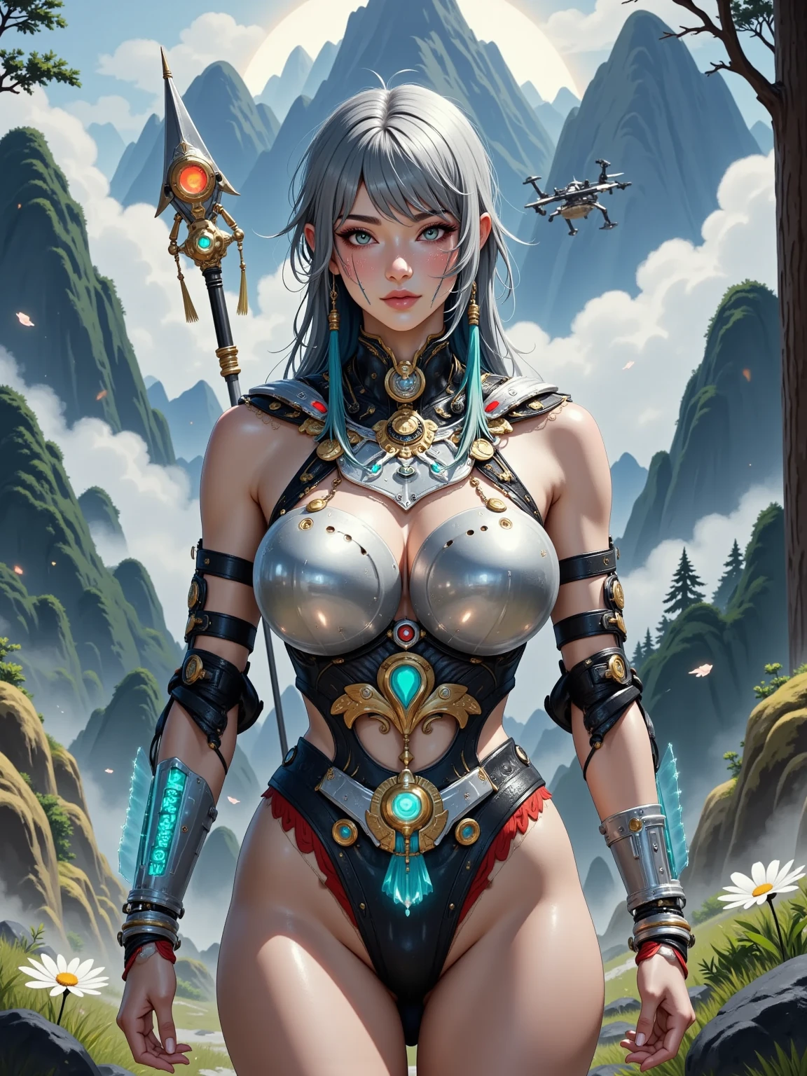 High quality, 8K, Photo quality, Incredible fantasy city, mega skyscrapers, flying cars, space elevator towers, Super Detail, trees, flowers, Many different buildings, spaceships in the sky, Ultra detail, many elements, blue and gold, yellow numbers on the towers, Character incredibly beautiful girl, posing in front of a flying car, full length, stands on the balcony, dressed in the uniform of a space fleet lieutenant, on the neck there is a purple bow of the hero of the empire with diamonds, leash around the neck, , submission, disturbance, fabulous car without wheels, car hanging above the ground, gravity engines instead of wheels, aggressive car shape, a lot of details, super car, expensive convertible., Incredibly beautiful face, very detailed face, Detailed eyes, detailed hair, Expensive earrings, lace covers breasts, nipple piercing, diamonds, Emeralds, Rubies, turquoise, correct anatomy, Thin body, Super Detail тела, many small details of the dress, Incredible fantasy city, mega skyscrapers, flying cars, space elevator towers, Super Detail, trees, flowers, Many different buildings, spaceships in the sky, Ultra detail, many elements, blue and gold, yellow numbers on buildings, straight and smooth lines, Street, evening, A lot of cars, sharp lines, contrast, City River, water fall, trees по берегу, fault in the earth's square, deep crevice, You can't see the ground, Very high, helicopter landing pads, interceptor hangars, lots of blue and yellow, bright colors, paint