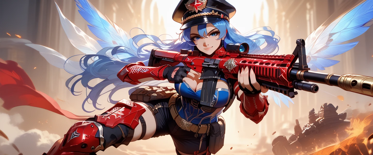 1girl, flat chest, shiny skin, parted bangs, very long hair, red hair, single sidelock, straight hair, forehead, black eyes, chinese clothes, blue clothing, long sleeves, frilled sleeves, wide sleeves, bottomless, china socks, white socks, cloth shoes, black footwear, headscarf, chinese style headscarf, peasant headscarf, blue headscarf, <lora:NikkeProfile:1>, IncrsNikkeProfile, full body, zoom layer, holding weapon, holding gun, one knee, masterpiece, best quality, official art, extremely detailed CG unity 8k wallpaper, artbook, yuzu-soft, kobuichi, muririn,