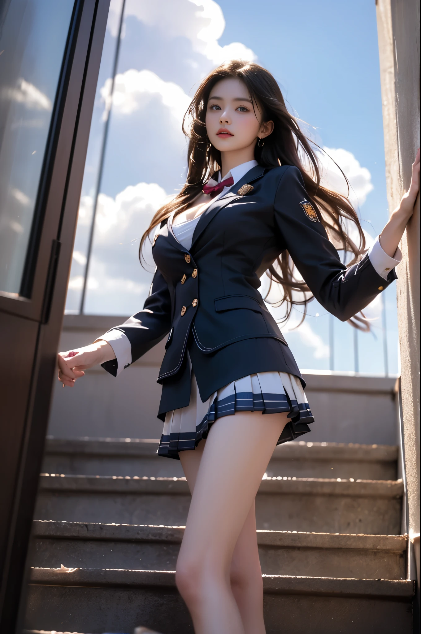 (Girl Standing On School Steps),1 girl, dark blue hair, bangs, long hair, sparkling eyes, long eyelashes, compensate, light smile, Depth of written boundary, one person'perspective, close, from below, wide angle, f/1.8, 135mm, canon, nffsw, retina, table top, Accurate, anatomically correct, rough skin, Super detailed, advanced details, high quality, 最high quality, High resolution, 1080P, 4K, 8K,(学校の階段を上るFemale student),46ポイントの斜めbangs,Female student、((uniform: White blazer with emblem on the chest))、translucent white blouse、(red bow tie)、(( In bright colors,Check stripe)()、laughter,((Skirt soars in the wind)),((White lace panties are visible))、