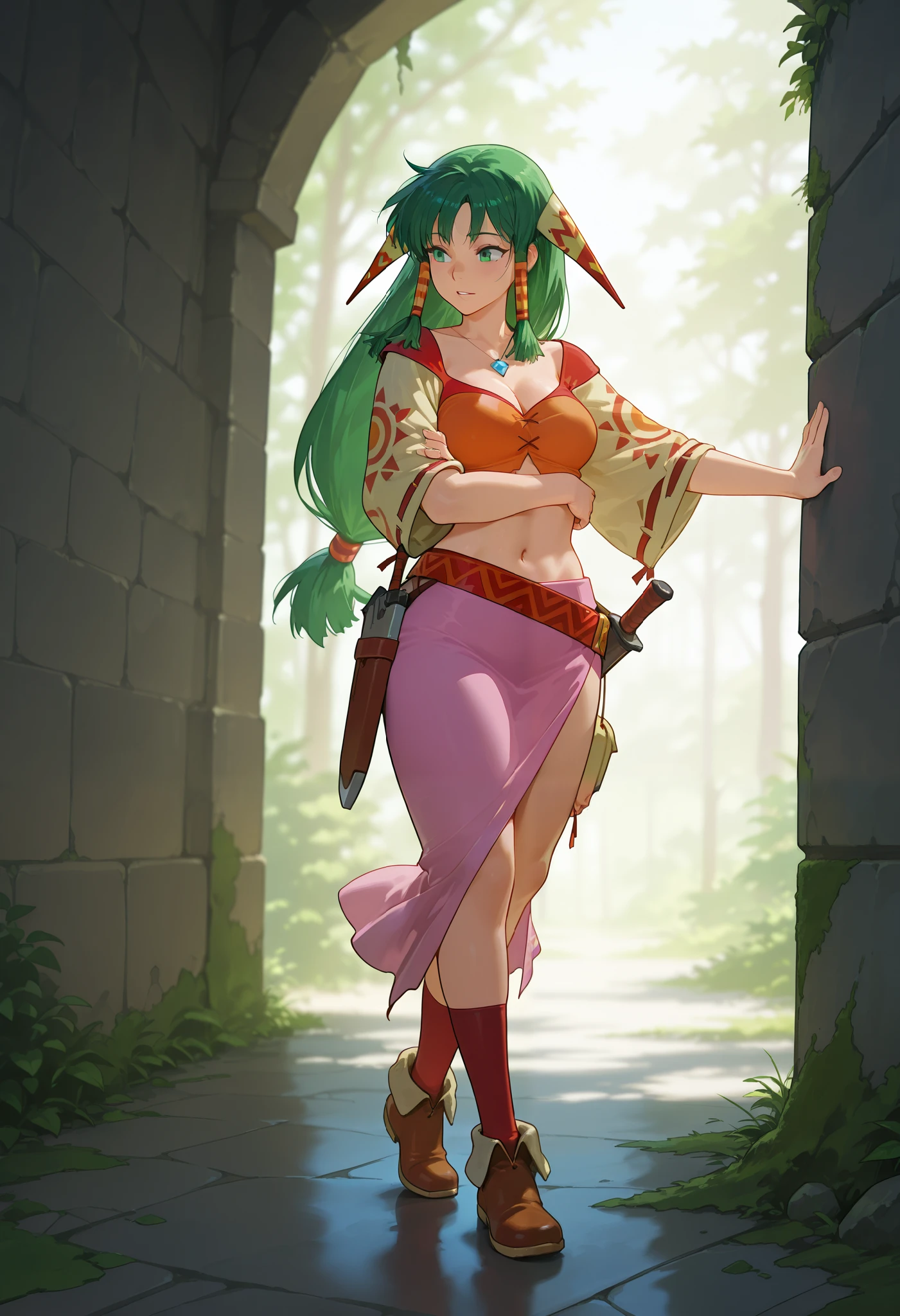 26 yo, face look alike to feena from \(Grandia\), Beautiful Mature young milf, (mature woman with lean perfection abdomen), breathless - amazed expression, large natural breasts, Curvy body, (holding a decorated combat knife with 1hand and another hand touch the ancient wall of inca ruin - exploring an ancient ruin in fantasy classic Grandia settings), walking, eyes on the wall - head tilting up, exploration scene, solo, 1girl, BREAK, She wears an orange bra top that leaves her abdomen exposed, paired with a short pink skirt held up by a thin red belt. Covering her arms is a tan-colored shawl adorned with red patterns on both sleeves. Her long green hair flows down her back, with some sections tied through two patterned hair accessories. She completes her ensemble with ripped red socks that extend past her knees and brown shoes featuring tribal patterns similar to those on her belt and shawl, official arts, (dynamic jrpg side view), fantastic fantasy vibrant background, eyes on the ancient ruin wall with moss, jrpg fantasy jungle, wide shot, (dynamic fullbody side view), cinematic angles,