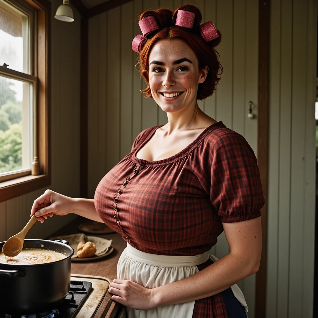 a beautiful Scottish woman in her kitchen, presenting a raspberry pie in the form of a big heart. she has reddish-brown hair, light skin and freckles, (black eyebrows:0.8), and high cheekbones, (brown eyes), (downturned eyes), (voluptuous), ((massive breasts)), (smile:0.8). She is wearing a green tweed skirt, grey apron and a white blouse.
