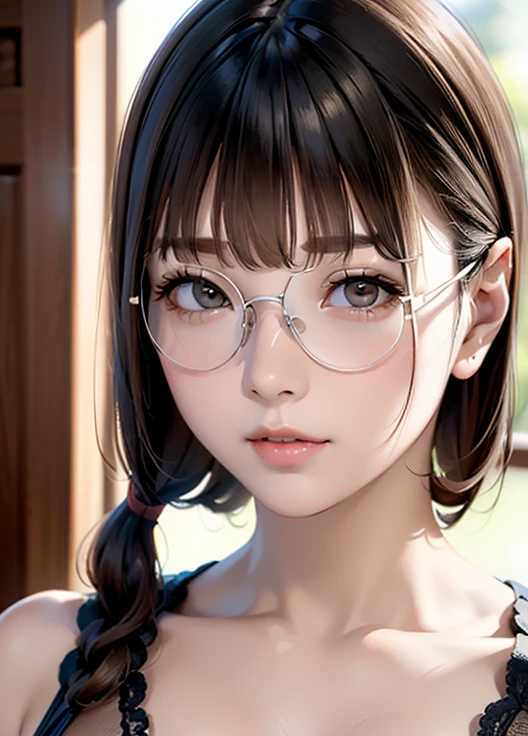 View your audience,high school girl,Leaning forward,(Random cute clothes),(Random Animation Pose),(Thin type),(Random hairstyle),(Best image quality, (8K), Ultra-realistic, 最high quality, high quality, High resolution, high qualityの質感, Attention to detail, Beautiful details, Fine details, Extremely detailed CG, Detailed Texture, Realistic facial expressions, masterpiece, in front),(Wearing glasses:1.1), （8K、Hyper HD）On pink sheets、transparent bottom、Spread your legs、Black Hair,