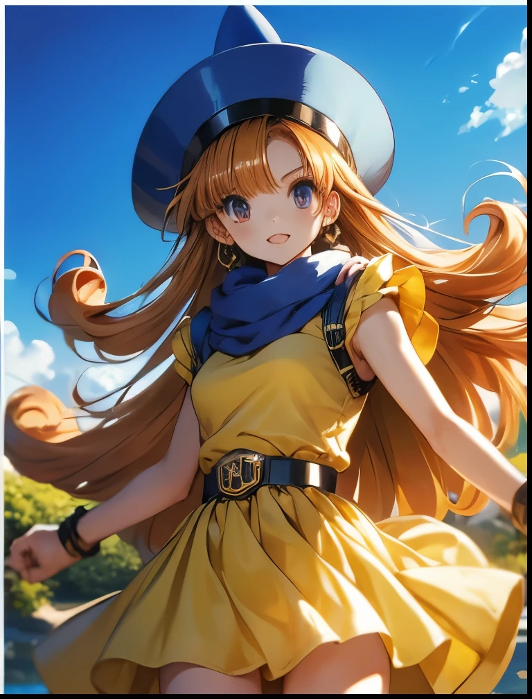 (((SFW、Accuracy、Highest quality、 A first-class masterpiece 、 Normal body 、8k、 detailed color 、 super precision 、 Normal Hands 、5See also、Highest)))、" Dragon Quest IV"、 Arena、arena、 Blonde、 straight long hair sticking out my crotch here、 short、 slender、yellow dress 、 yellow mini skirt、blue cloak 、blue pointy hat、 black belt 、Fighting Girl、Straight punch