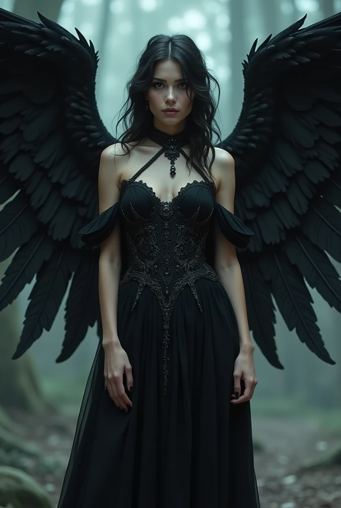 masterpiece, best quality, ultra-detailed, high resolution, extremely detailed, (Full Body Shot:1.3), (sharp focus:1.2), photo, attractive young female model, beautiful, 22 years old, (blue eyes:1.4), dark hair, caucassian, long hair, (beautiful face:1.1), detailed eyes, luscious lips, (spooky:1.2) (smokey eye makeup:1.4), (smile:1.2), wearing (necklace:1.2),(black velvet off the shoulder, sleeveless dress:1.2), (huge black angel wings:1.4) (black deamond horns:1.2) on a (deep dark night:1.8), (gothic cathedral:1.4), depth of field, bokeh, 4K, HDR. by (James C. Christensen:1.2|Jeremy Lipking:1.1), (soft light:1.9), (natural light:1.5)