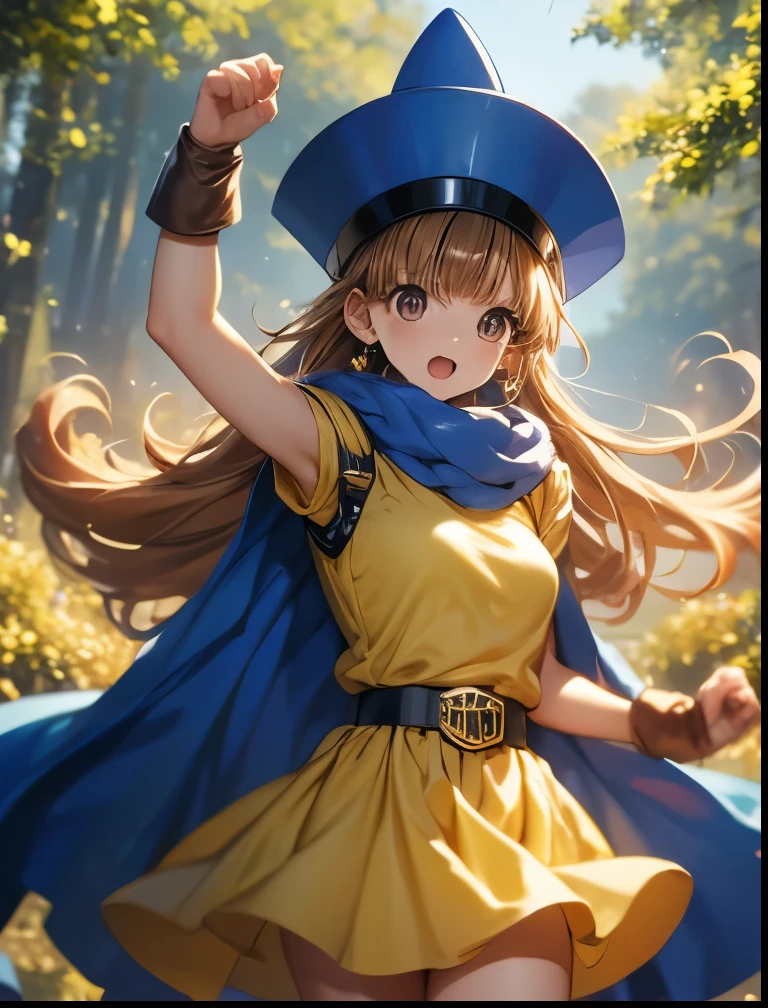 （（（ＳＦＷ、Accuracy、Highest quality、 A first-class masterpiece 、 Normal body 、8k、   detailed color 、 super precision 、   Normal Hands 、５See also、Highest）））、" Dragon Quest IV"、 Arena、arena、 Blonde、 straight long hair sticking out my crotch here、  short、 slender、yellow dress 、  yellow mini skirt、blue cloak 、blue pointy hat、 black belt 、Fighting Girl、Rolling Sobat
