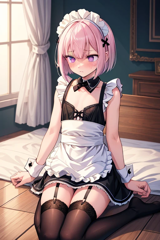 rezerorum, rum, hair flower, hair ornaments, hair above one eye, pink hair, (red eyes:1.5), short hair, x hair ornaments, bangs, blunt bangs, (flat chest:1.2),
break apron, black bow, black dress, black ribbon, bow, removed sleeve, dress, frillsエプロン, frills袖, frills, juliet sleeves, long sleeve, maid, neck ribbon, plump sleeves, ribbon, roswaal mansion maid uniform, Thighhighs, two-tone dress, waist apron, white bow, white dress, white Thighhighs,
break indoors, mansion,
break looking at viewer, (cowboy shot:1.5),
break (masterpiece:1.2), highest quality, High resolution, unity 8k wallpaper, (figure:0.8), (detailed and beautiful eyes:1.6), highly detailed face, perfect lighting, Very detailed CG, (perfect hands, perfect anatomy),