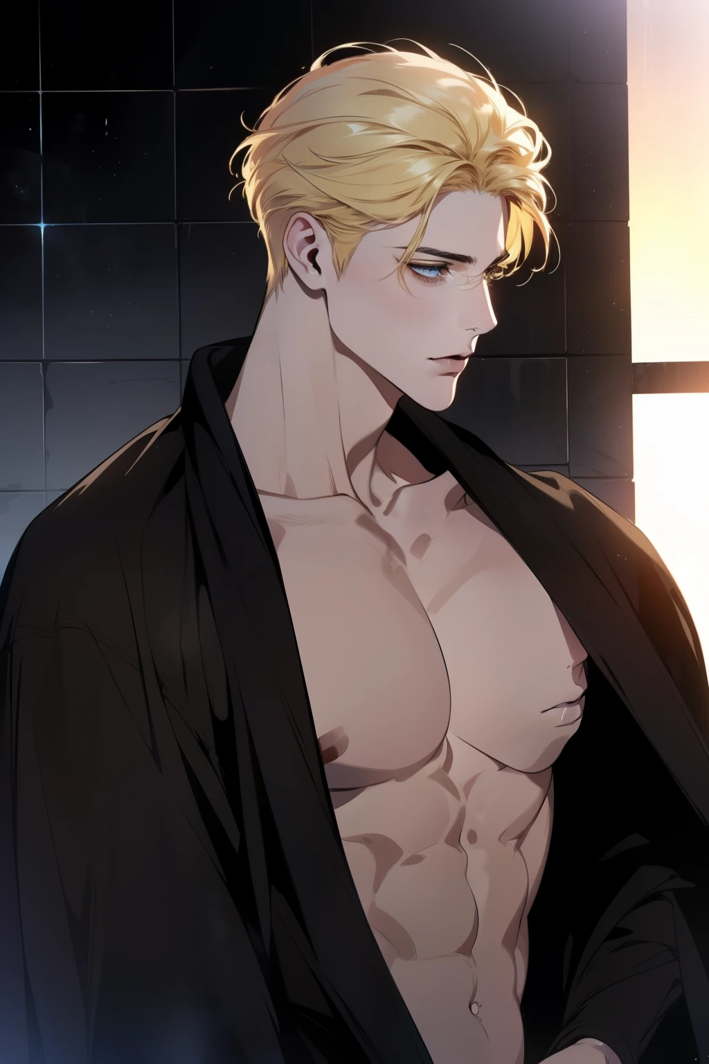 ( is very strong with the highest quality , masterpiece, 8 k, realistic, cinematic lighting , 1:, side view , ultra high definition , a beautiful , located in the center of the screen ), mature man , very beautiful , Short light yellow hair , blue eyes , Perfect face , no mistake , ((the black shower robe , CEO )), ((black cat ))
