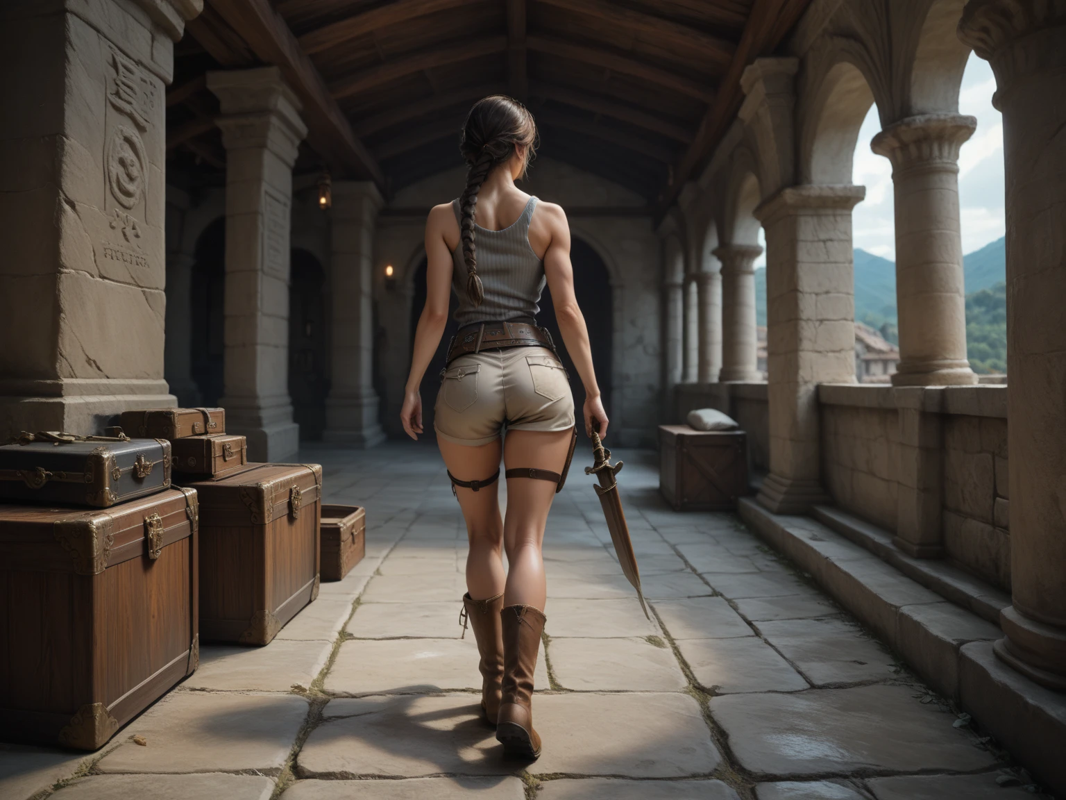 young woman, beautiful, belt angle, realistic, deep neckline, thoughtful look over the shoulder, big butt