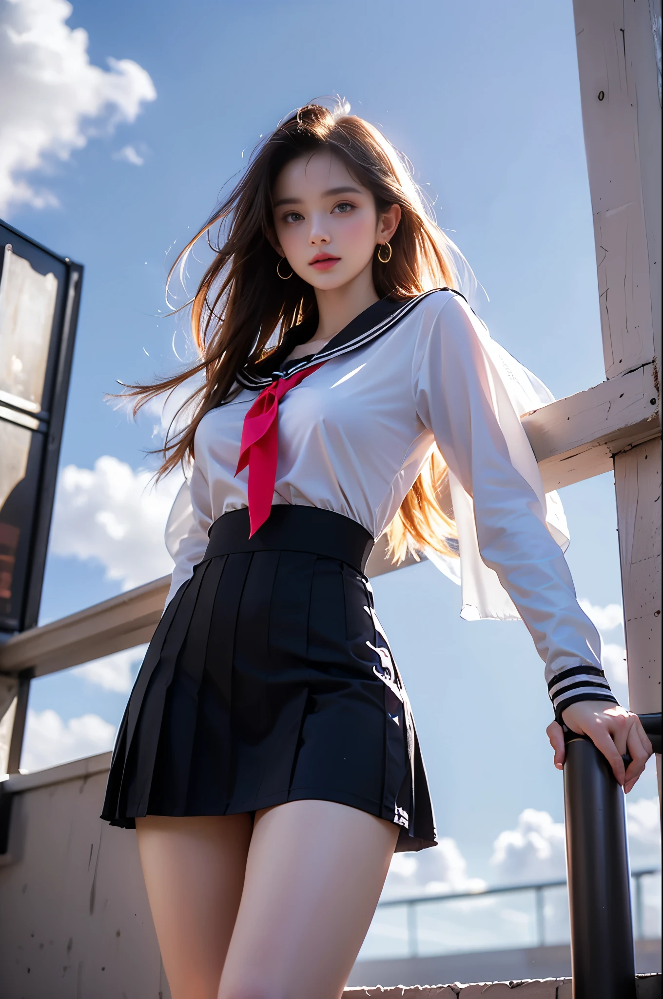 tutututu
black school uniform
black serafuku
sailor collar
black miniskirt
long sleeves
 ,,(from below:1.3), (cowboy shot:1.3) hyperrealistic photography of a beautiful asian fashion model, perfect body proportions, long slender legs, (Full chest, obvious cleavage, very short hemline, fingers elegantly fluttering hemline), (standing pose:1.2), leaning against staircase railing, one leg straight, other leg slightly bent at knee, elegant leg posture, high heels closer to camera, professionally lit fashion photoshoot, low angle shot, blue sky with white clouds, 8k uhd, masterful composition, photorealistic,  detailed face features, glossy long hair, soft natural makeup, detailed skin texture, professional lighting, sharp focus, high end fashion magazine style, ultra detaile