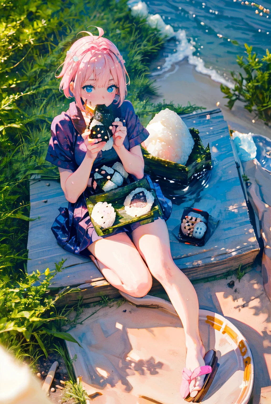 high quality,ultladetail,masterpiece,
1girl,cute,(((pink short hair,blue eyes))),
((She eating onigiri)),outdoor,picnic,
from above,