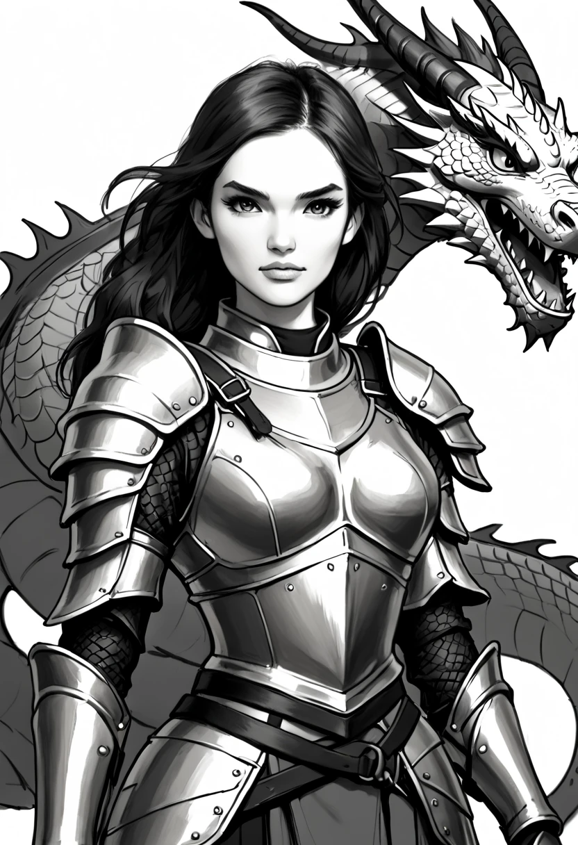 A breathtaking pencil sketch captures the essence of an intense female warrior, clad in exquisite dragon scale armor that seamlessly blends the texture of a dragon's hide. The artist's exceptional talent is evident in the intricate detailing of the armor. The warrior's long, wavy hair cascades down her back, contrasting with her fierce, confident demeanor. The background showcases an awe-inspiring, Eastern-style dragon still in the process of being sketched, adding a mystical and powerful atmosphere to the scene. This enchanting image exudes ancient wisdom and strength, showcasing the pinnacle of artistic skill. This masterpiece transcends genres, merging anime, dark fantasy, and vibrant fashion elements into a captivating, cinematic poster-worthy artwork that will leave a lasting impression on viewers., cinematic, poster, painting, fashion, anime, dark fantasy, photo, illustration, vibrant