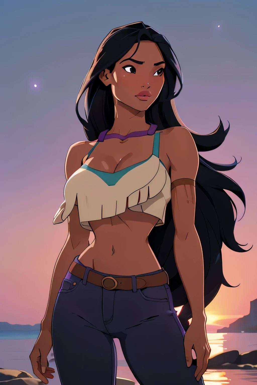 1girl in, age18, Pocahontas Waifu, photo of perfect woman, miniature ferry, Solo, Aesthetic artwork, (long hair, very long straight black hair:1.25), (clear skin, tanned skin, large breasts, DD-cup, runners body, very thin waist, skinny, petite, detailed skin texture), (under boob, focus on breasts:1.2), ((revealing clothing, (wearing tube top, purple pants, bracers, cowboy shot), (Beach sandy, sunset on the water, evening), (extremely detailed 8k wallpaper), soft lighting, high quality, film grain, Fujifilm XT3 sharp focus, f 5.6, 50mm, High Detail, Sharp focus, (natural light), crazy details, complex details, hyper detailed. (cowboy photo:1.2), light particles, sfw