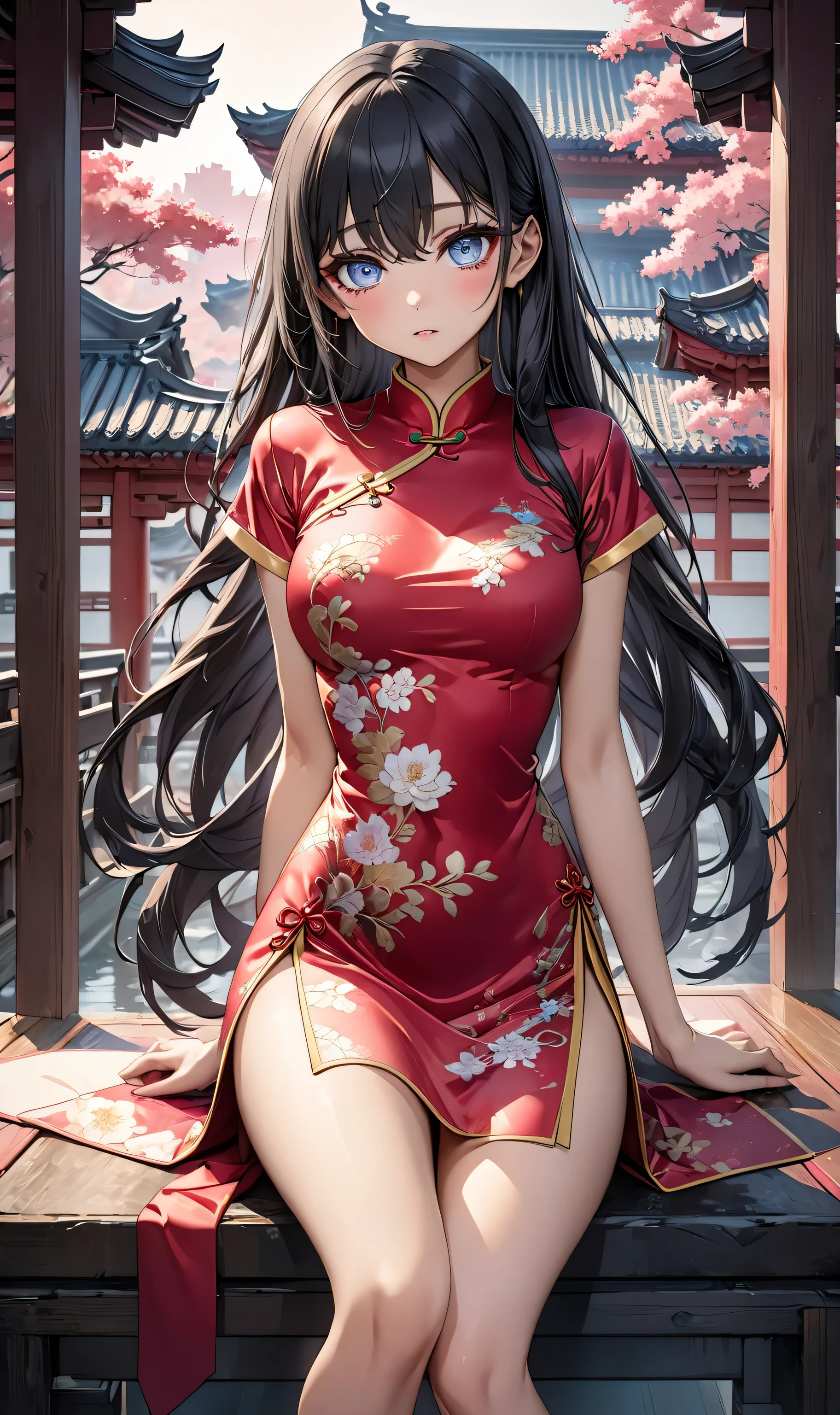((Highest quality)),(超High resolution),(Very detailed),(Detailed Description),((The best CG)),(masterpiece),Ultra-detailed art、(Highest quality、8k、32K、masterpiece)、(Realistic)、(Realistic:1.2)、(High resolution)、Very detailed、Very beautiful face and eyes、1 female、Tight waist、Delicate body、(Highest quality、Attention to detail、Rich skin detail)、(Highest quality、8k、Oil paints:1.2)、Very detailed、(Realistic、Realistic:1.37)、Bright colors、Beautiful Japanese Woman、Detailed face、Smooth Skin、Big Breasts、"A Chinese woman working in a futuristic Chinatown、Elegant and modern Chinese dress（Qipao）I am wearing。This dress is moisture wicking and quick drying.、Breathable、Wrinkle-resistant、Made from durable, high-performance fibers、Has a silky shine。The color is deep red、Emerald green、Royal Blue、gold、Traditional Chinese colors such as silver。The dress is tight-fitting and shows off the body line beautifully.、Stand-up collar（Mandarin Color）Features intricate embroidery and piping。Cap or short sleeves、Traditional Chinese buttons line the front、Side slits for ease of movement。dragon、Phoenix、flower、Embroidered motifs such as clouds are applied.、Pair it with flat shoes or low-heeled pumps.。These shoes are also embroidered and beaded.。She wears simple Chinese style earrings、necklace、Wearing accessories such as bracelets、Traditional hair ornaments（Hairpins and hairpins）We are using。The scene is、In a vibrant and colorful Chinatown environment、A vibrant store、Hanging lanterns、Surrounded by bustling open-air markets、It looks like they are graciously serving customers.。The background combines traditional Chinese architectural elements with futuristic elements.、A vibrant and dynamic atmosphere is depicted。"