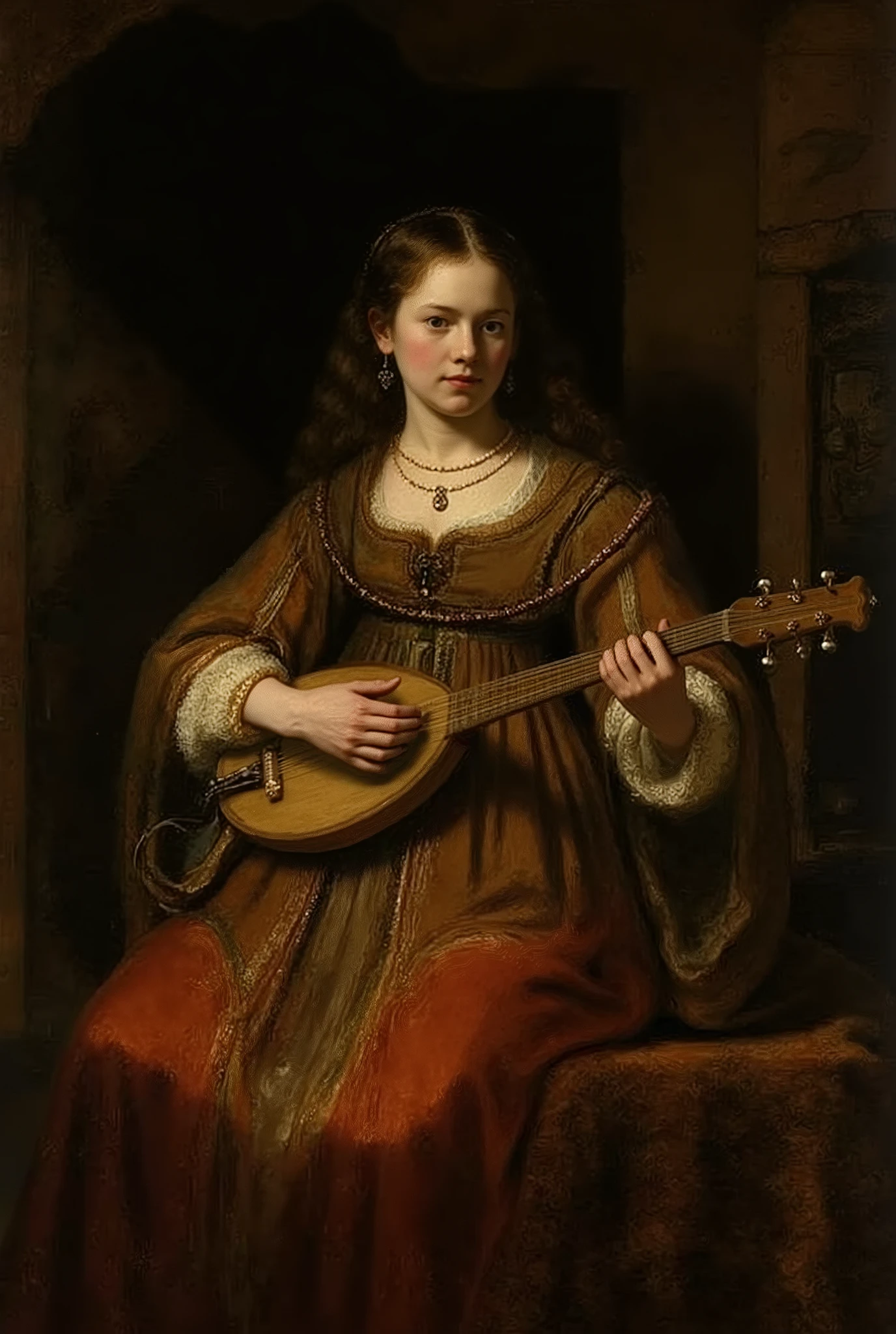old masters painting, old master oil painting, Classical oil painting, medieval oil painting, baroque Rembrandt Titian painting, classical art, A medieval girl playing a musical instrument, dark brown colors