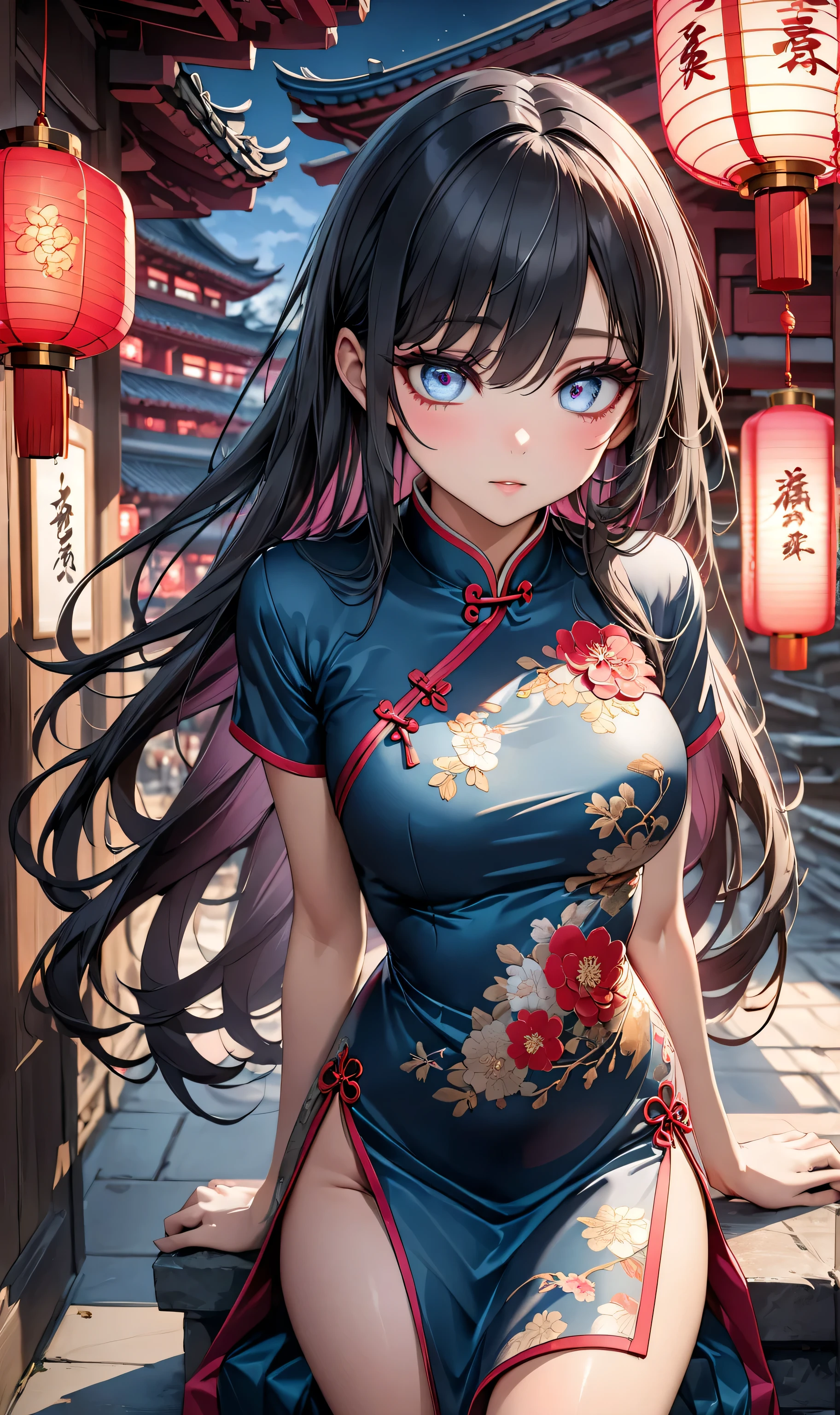 Full body, ((Random pose)), (perfect anatomy), Mastepiece、Ultra High Quality、 8k、masterpiece、Best Quality、Ultra-high resolution、Maximum resolution、Very detailed、Professional Lighting、anime, women long hair、thin、so beautiful、(((Highly detailed eyes)))、(((Very beautiful eyes)))、Highly detailed face、Black Hair, ((Pink eyes)), black hair, Chinese Architecture, cheongsam, China costume.