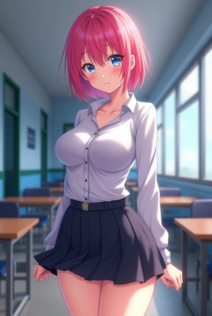 masterpiece, best quality, highly quality , Papico-KJ ,  (school uniform:1.2) ,  mini blue skirt , shirt , (parte lips , big lips:1.2) , cleavage   , school