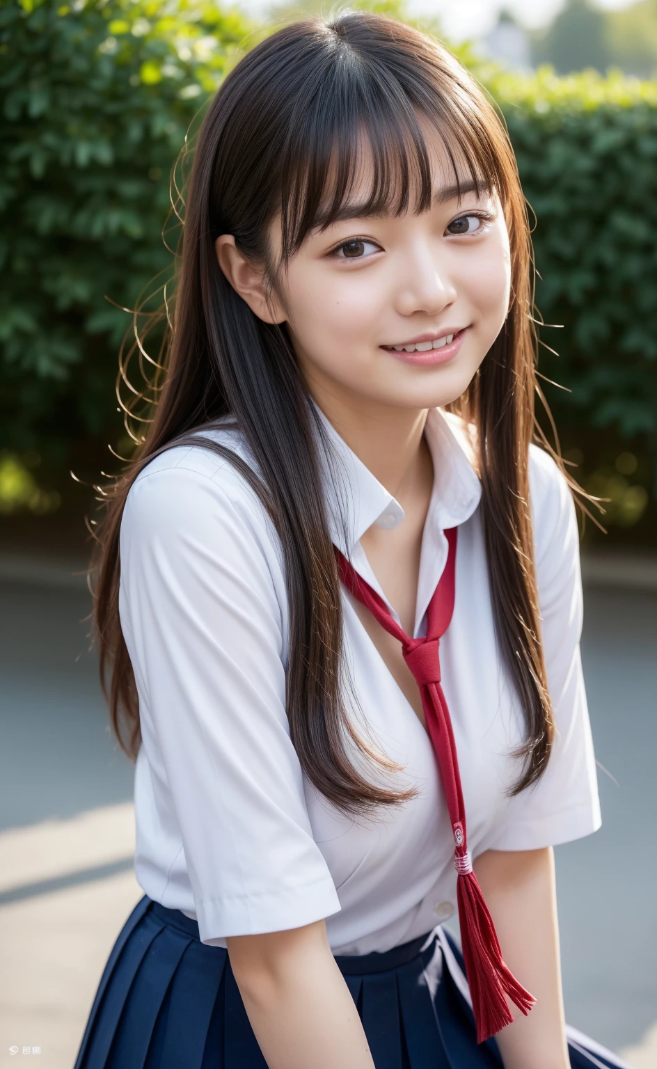 Lens 135mm f1.8, (highest quality),(RAW photo), (arms at sides:1.1), (Beautiful  Japanese girl), cute face, (deeply carved face:0.7), (freckles:0.6), dappled sunlight, , (japanese school uniform), (inside the school), shy, high ponytail, the waist up shots , (smile),, (sparkling eyes)、,photo from the waist up,