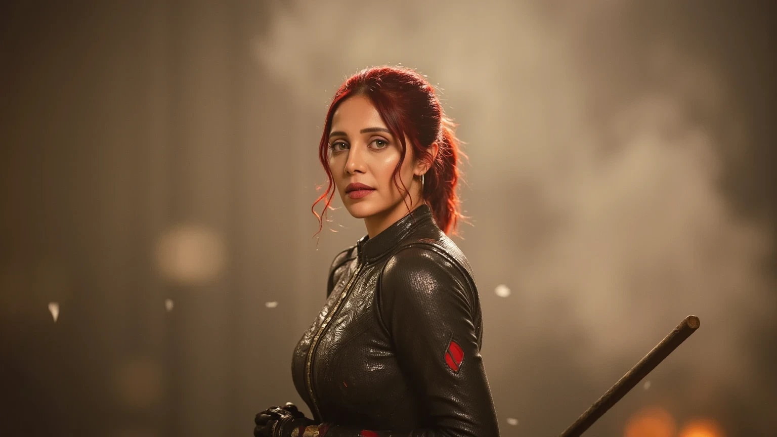 Portrait of Black Widow in the middle of an intense Endgame battle, her neutral expression conveying quiet confidence. Her red hair is tied back, with loose strands framing her dirt-smudged face. Her black suit bears the scars of battle, with faint red energy lines glowing faintly. She stands still, holding her batons at her sides while energy blasts and debris fly in the background. Smoke and fire create a chaotic yet cinematic backdrop, with soft light highlighting the sharp contours of her face and the gleaming surface of her suit