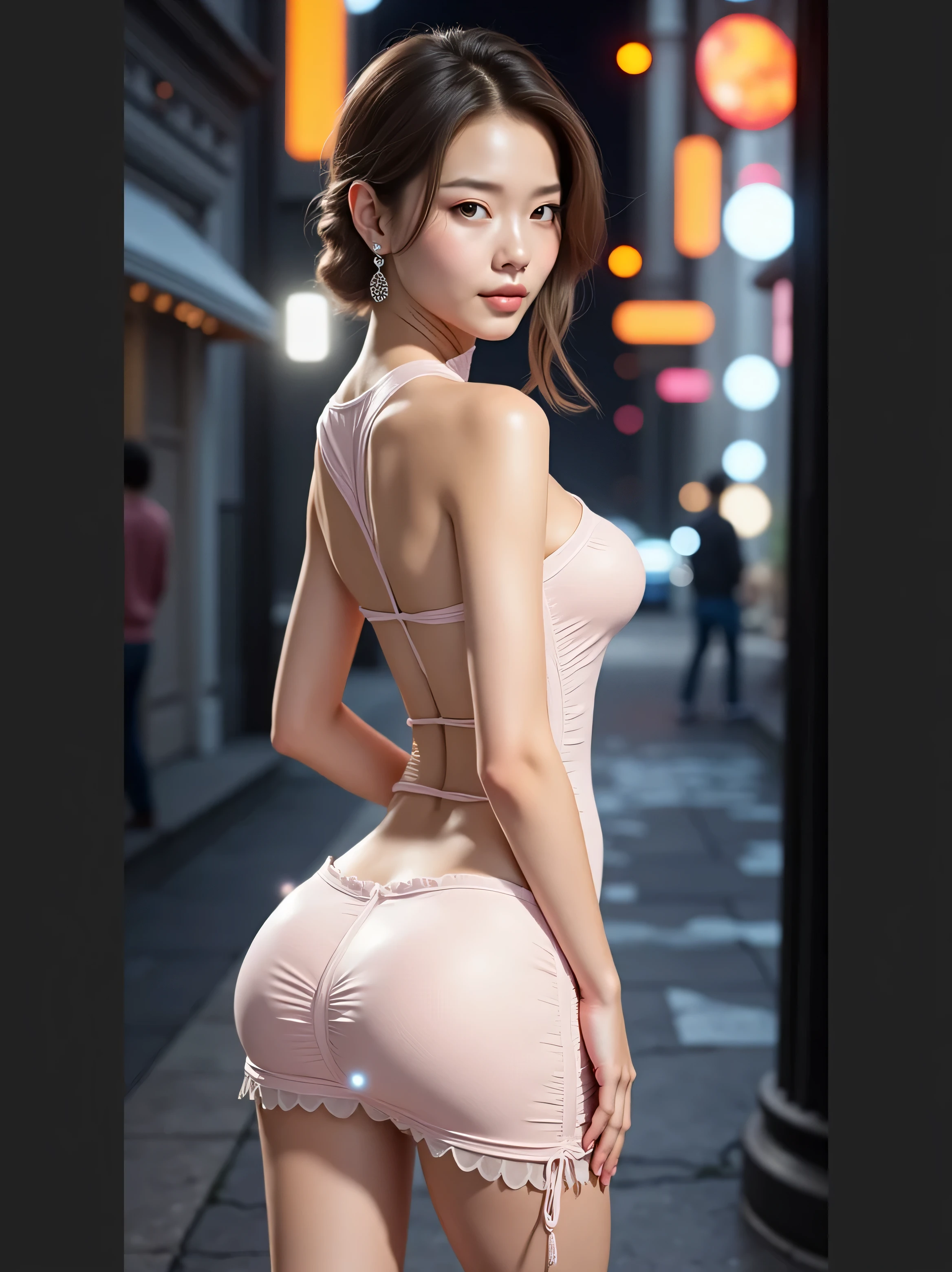 8K, masutepiece, Raw photo, Best Quality, Photorealistic, the Extremely Detailed CG Unity 8K Wallpapers, depth of fields, Cinematic Light, Lens Flare, Ray tracing, (Extremely beautiful face, Beautiful lips, Beautiful eyes), intricate detail face, ((Ultra detailed skin)) 1girll, In the Dark, deepshadow, Pretty Korean girl, Kpop Idol, 1 girl, (very slim and slender muscular body:1.3), ((view the viewer)),(Big smile:1.3), (Fashion Night, a dark night, (Neon Light Sign), (Blurred background), Fashion Street Night),(No one is in the background:1.3), Beautiful earrings, bangle, Necklace, pantyhose, Clear eyes, Walking, (pale skin), (big eye ace forward, (brown hair body shot), ((silk hot pink dress:1.3)), ((tight dresses)), ((laced dress)), (view the viewer:1.3) opened breast, Very slim, medium breasts, turn back, (Back shot), ass forcus, Before the eyebrows,(Tight Dress), thick thighs