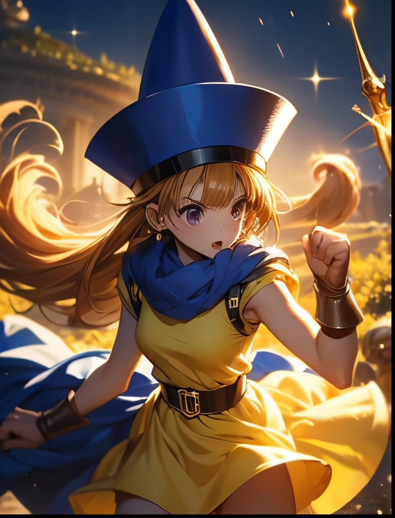 (((SFW、Accuracy、Highest quality、 A first-class masterpiece 、 Normal body 、8k、 detailed color 、 super precision 、 Normal Hands 、5See also、Highest)))、" Dragon Quest IV"、 Arena、arena、 Blonde、 straight long hair sticking out my crotch here、 short、 slender、yellow dress 、 yellow mini skirt、blue cloak 、blue pointy hat、 black belt 、Fighting Girl、Fracture Flash Fist