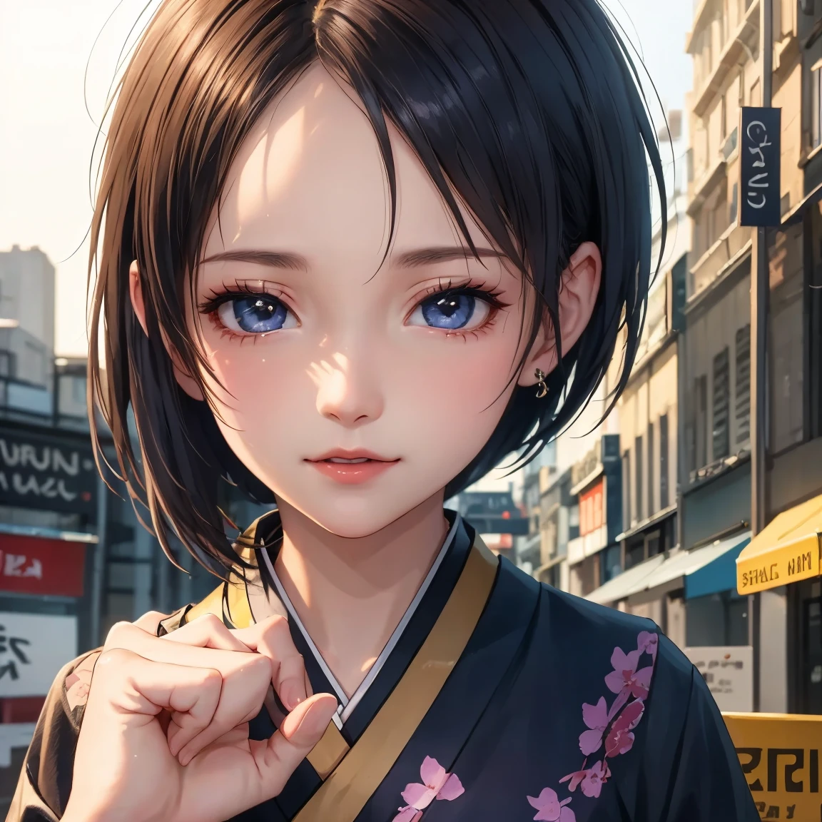 33
(Shorthair:1.23), (a 20 yo woman), (A hyper-realistic), (Masterpiece), (8KUHD), with floral pattern, (breast:1.23), serene expressions