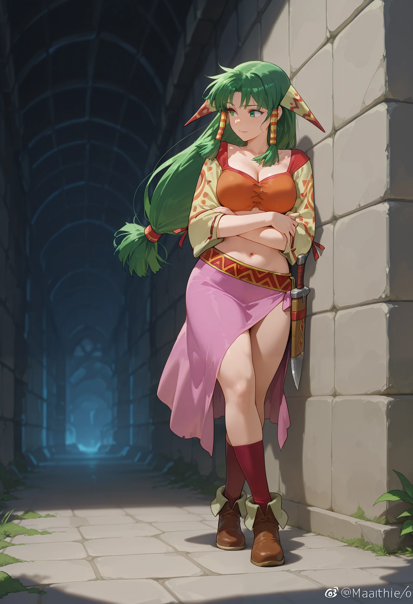 26 yo, face look alike to feena from \(Grandia\), Beautiful Mature young milf, (mature woman with lean perfection abdomen), breathless - amazed expression, large natural breasts, Curvy body, (holding a decorated combat knife with 1hand and another hand touch the ancient wall of inca ruin - exploring an ancient ruin in fantasy classic Grandia settings), walking, eyes on the wall - head tilting up, exploration scene, solo, 1girl, BREAK, She wears an orange bra top that leaves her abdomen exposed, paired with a short pink skirt held up by a thin red belt. Covering her arms is a tan-colored shawl adorned with red patterns on both sleeves. Her long green hair flows down her back, with some sections tied through two patterned hair accessories. She completes her ensemble with ripped red socks that extend past her knees and brown shoes featuring tribal patterns similar to those on her belt and shawl, official arts, (dynamic jrpg side view), fantastic fantasy vibrant background, eyes on the ancient ruin wall with moss, jrpg fantasy jungle, wide shot, (dynamic fullbody side view), cinematic angles,