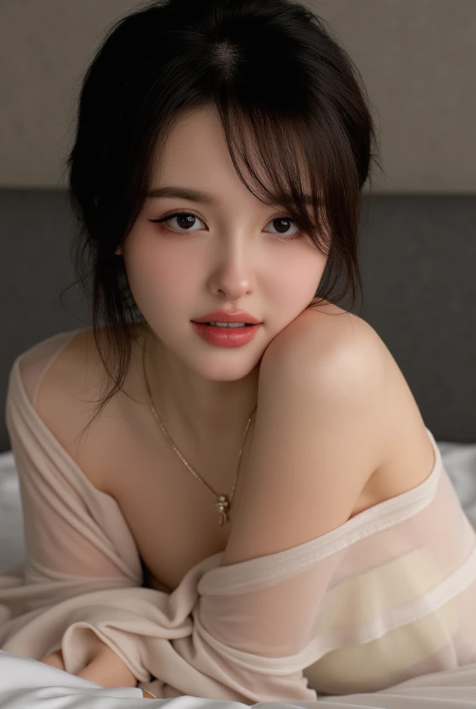 dress, fashi-girl, red lips, mature female, makeup, Big eyes. Pretty eyes, ((Random shooting angles)), (best quality, masterpiece:1.2), ultra-detailed, (realistic:1.37), beautiful, youthful, glamorous model with (detailed eyes, detailed lips, extremely detailed eyes), with white and floral colors, showcasing a radiant smile, slender figure, long legs, creating a breathtaking depiction of a girl, Warm tones, extremely high color saturation, official art, extremely detailed CG unified 8k wallpaper,(High dynamic range :1.4), (cinematic),(soft colors, dull colors, soothing tones :1.3), (natural skin texture, ultra-realistic, soft light, sharp),(very detailed), Pose for a picture lying in bed, elegant pose, attractive pose