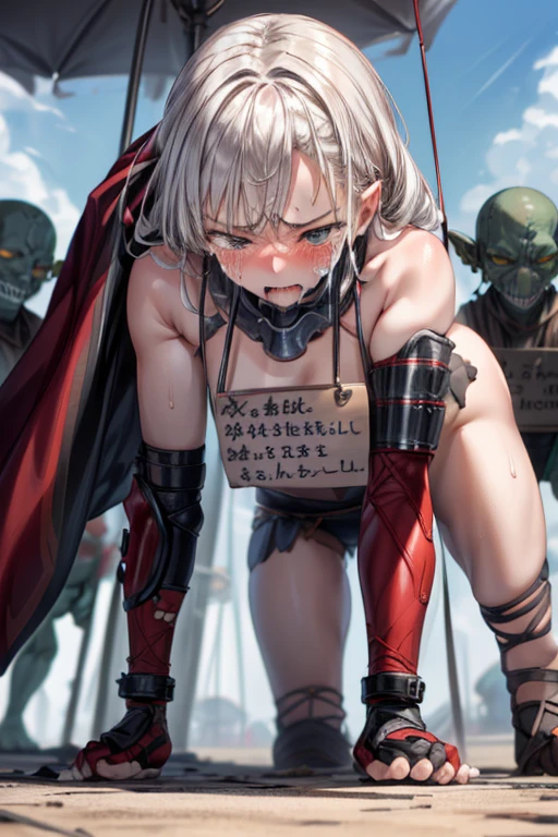 masterpiece,1girl,solo, <lora:MudrockSummerV1-000008:0.8>,horns,white hair,crucifixion,long hair,very long hair, <lora:crucifixionV1-000006:1.2>,closed eyes, bound legs, from_front