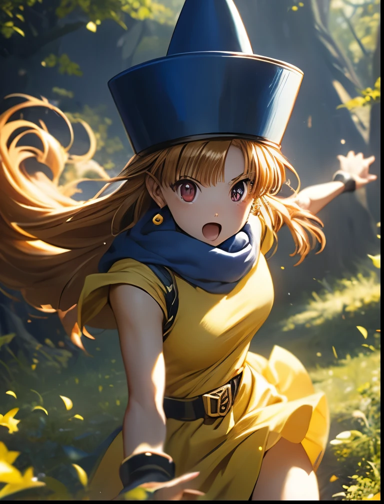 （（（ＳＦＷ、Accuracy、Highest quality、 A first-class masterpiece 、 Normal body 、8k、   detailed color 、 super precision 、   Normal Hands 、５See also、Highest）））、" Dragon Quest IV"、 Arena、arena、 Blonde、 straight long hair sticking out my crotch here、  short、 slender、yellow dress 、  yellow mini skirt、blue cloak 、blue pointy hat、 black belt 、Fighting Girl、Hyakureki Kick