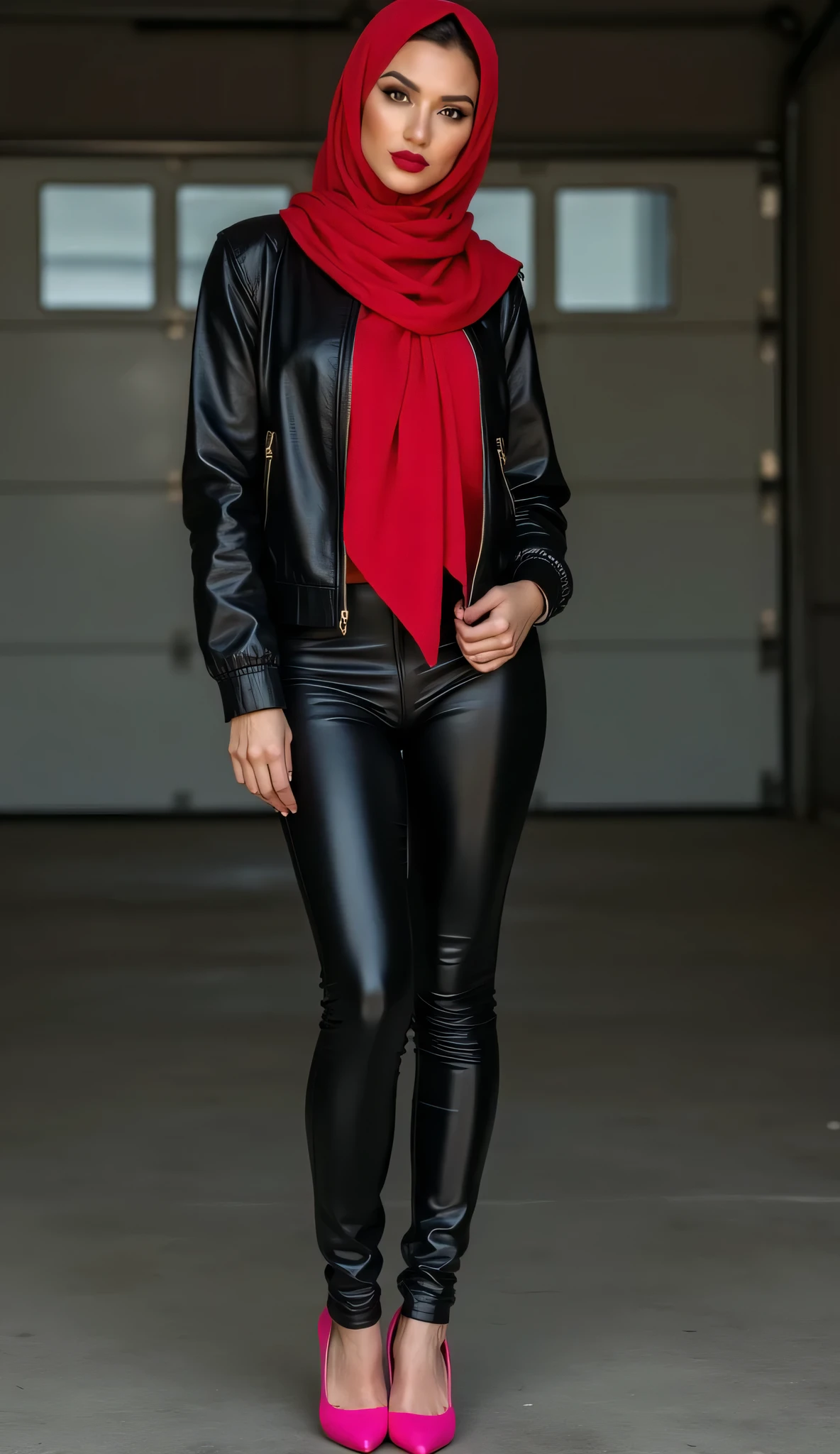A beautiful woman, 30 years old, leather leggings, red saten hijab, shiny black saten shirt, perfect makeup , red lipstick, black eyeliner,  tight and large breasts ,  thin waist ,  tight and big butt ,  thick and tight thighs ,global lighting, pink high heels, full body shot, nude, in garage UHD4K 