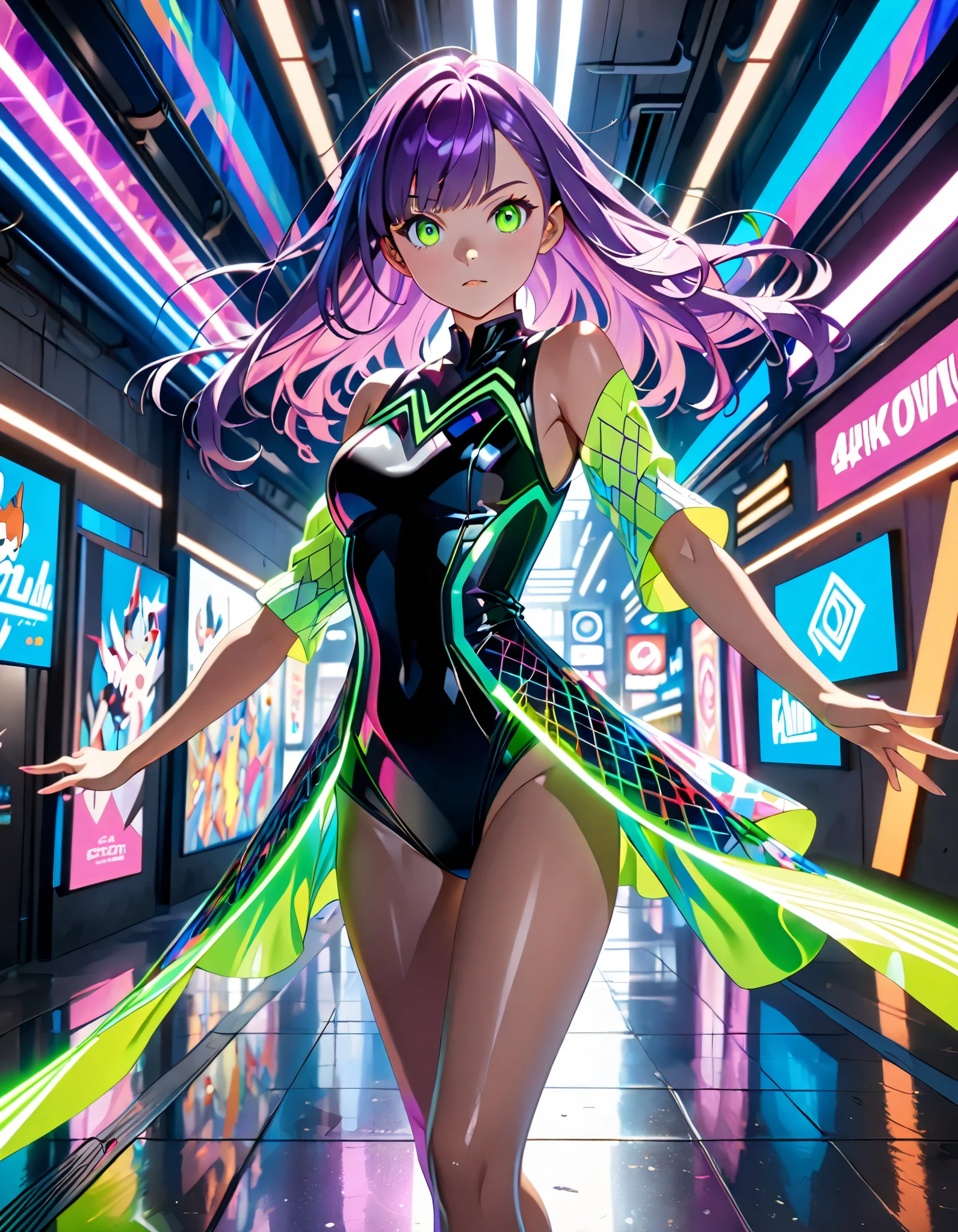 digital painting, full body shot, cyberpunk woman,dancer in a cage,skimpy cyberpunk clothing,techno party,hanging from ceiling, dance pose, head tilted back, people dancing below,sci-fi,detailed face,detailed eyes,detailed lips,extremely detailed,masterpiece,8k,hyper detailed,vivid colors,dramatic lighting,digital art,concept art
