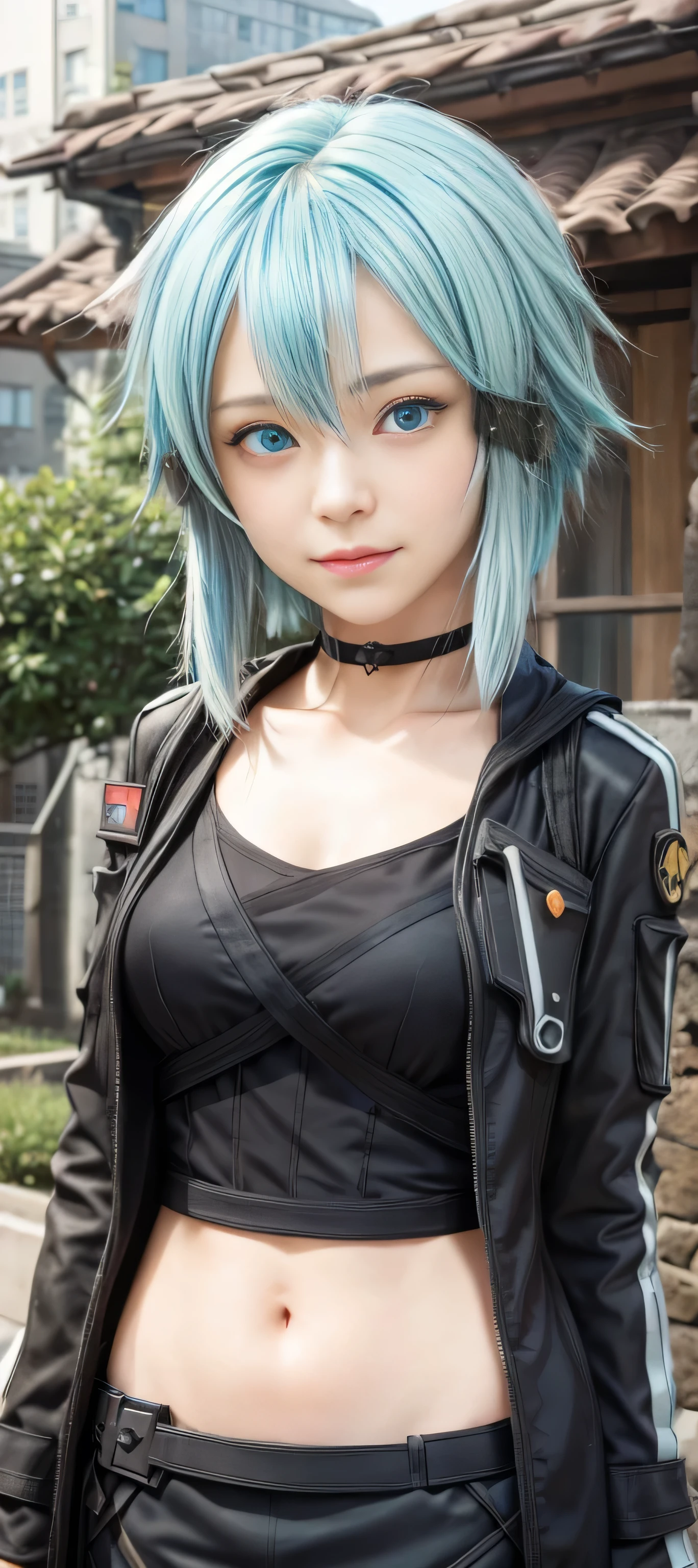 masterpiece, best quality, (realistic,photo-realistic:1.4), (RAW photo:1.2), extremely detailed CG unity 8k wallpaper, delicate and beautiful, amazing,finely detail, official art, absurdres, incredibly absurdres, huge filesize, ultra-detailed,extremely detailed eyes and face,light on face,(little smile:1.2),(blue hair:1.4),(short hair:1.4),nature,sinon,(sidelocks:1.4),(nature:1.5),(arknights outfit:1.5),(blue eyes:1.5),(city background:1.5)