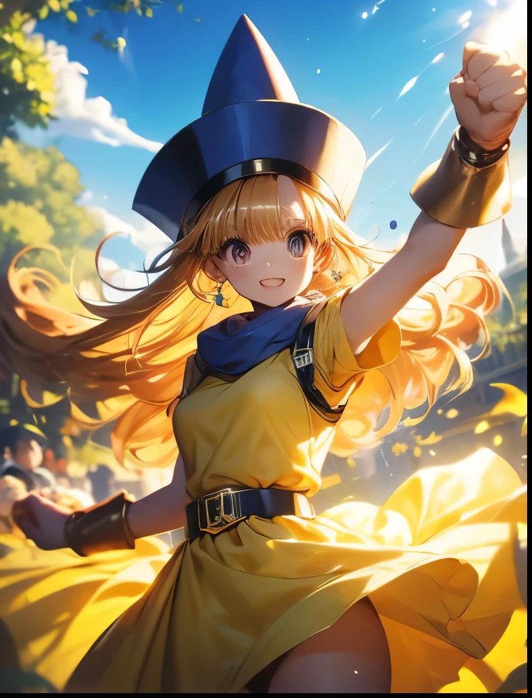 (((SFW、Accuracy、Highest quality、 A first-class masterpiece 、 Normal body 、8k、 detailed color 、 super precision 、 Normal Hands 、5See also、Highest)))、" Dragon Quest IV"、 Arena、arena、 Blonde、 straight long hair sticking out my crotch here、 short、 slender、yellow dress 、 yellow mini skirt、blue cloak 、blue pointy hat、 black belt 、Fighting Girl、wave fist