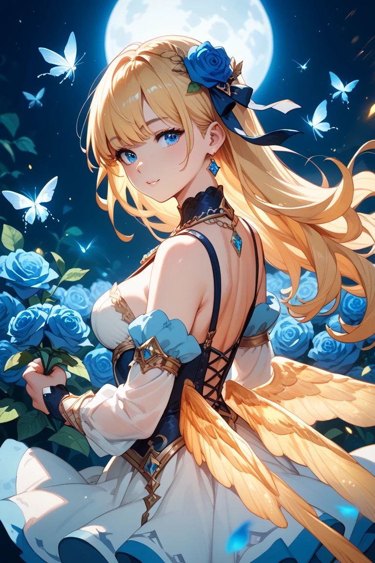 She has elegant blonde ponytails and striking blue cat eyes. Her attire exudes power and sophistication in a stylish pantsuit. She embodies the essence of a confident demon, radiating CEO-like confidence. Completing her enchanting aura, a pair of exquisite butterfly wings gracefully adorns her back.