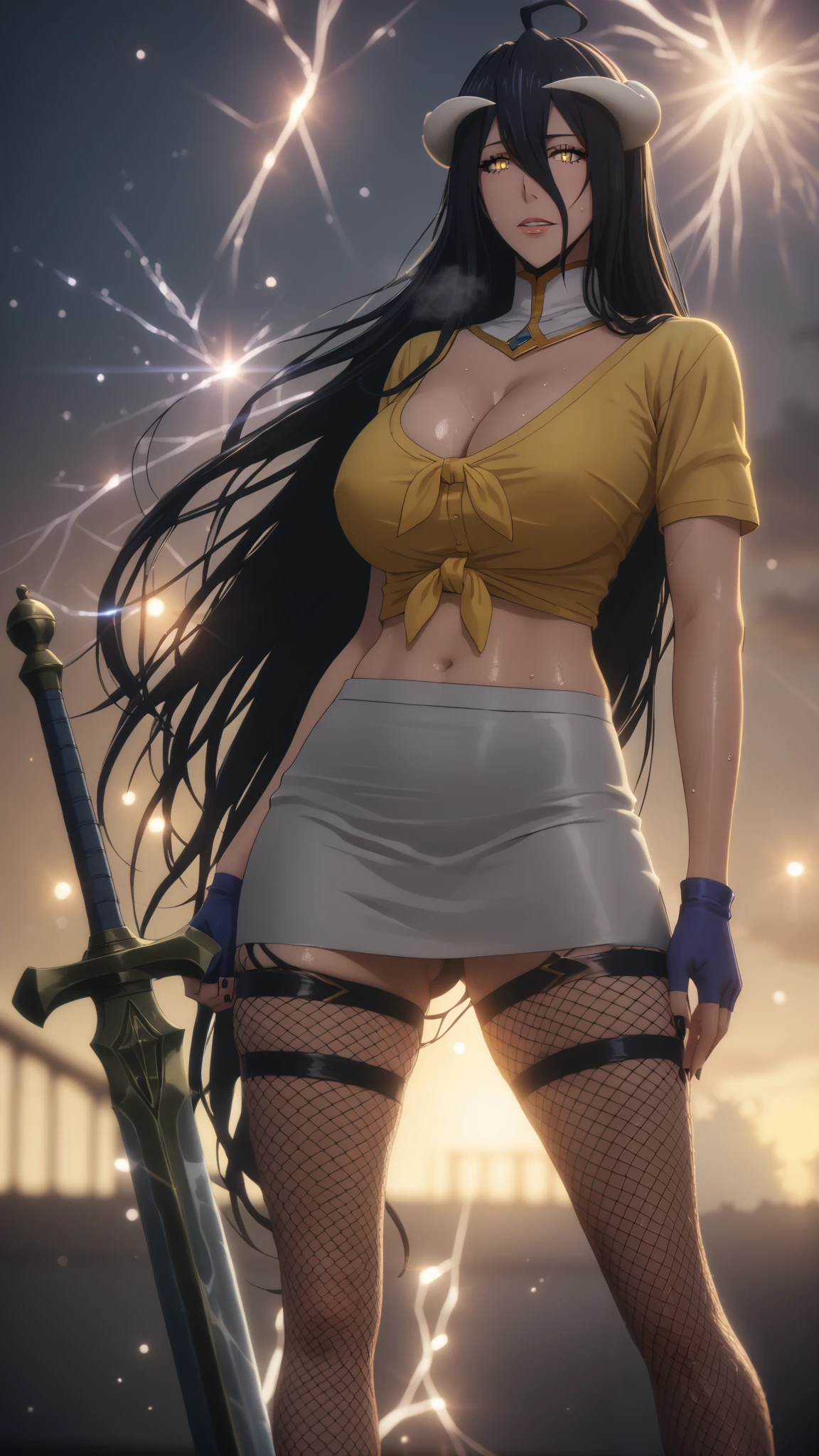 score_9, score_8_up, score_7_up, score_6_up, score_5_up, score_4_up, uncensored, albedo \(overlord\), black hair, long hair, demon horns, slit pupils, yellow eyes, mature female, anime coloring, anime screencap, shiny skin, (voluptuous:1.3), (thick:1.3), BREAK UHD, retina, masterpiece, accurate, anatomically correct, textured skin, super detail, high details, high quality, award winning, best quality, highres, 4K, black nails, makeup, eyelashes, excessive sweating, sweating, sweating drop, (gasping, heavy breathing:1.3), (skindentation:1.2), perfect eyes, beautiful eyes, eyelashes, makeup, detailed body, perfect body, BREAK, thighs, skirt, gloves, fingerless gloves, shirt, neckerchief, cleavage, miniskirt, pencil skirt, short sleeves, navel, tied shirt, thick thighs, hat, grey skirt, yellow shirt, midriff, white skirt, backlighting, bokeh, field, looking at viewer, gloomy expression, electricity, holding sword, glowing sword, fishnet stocking,