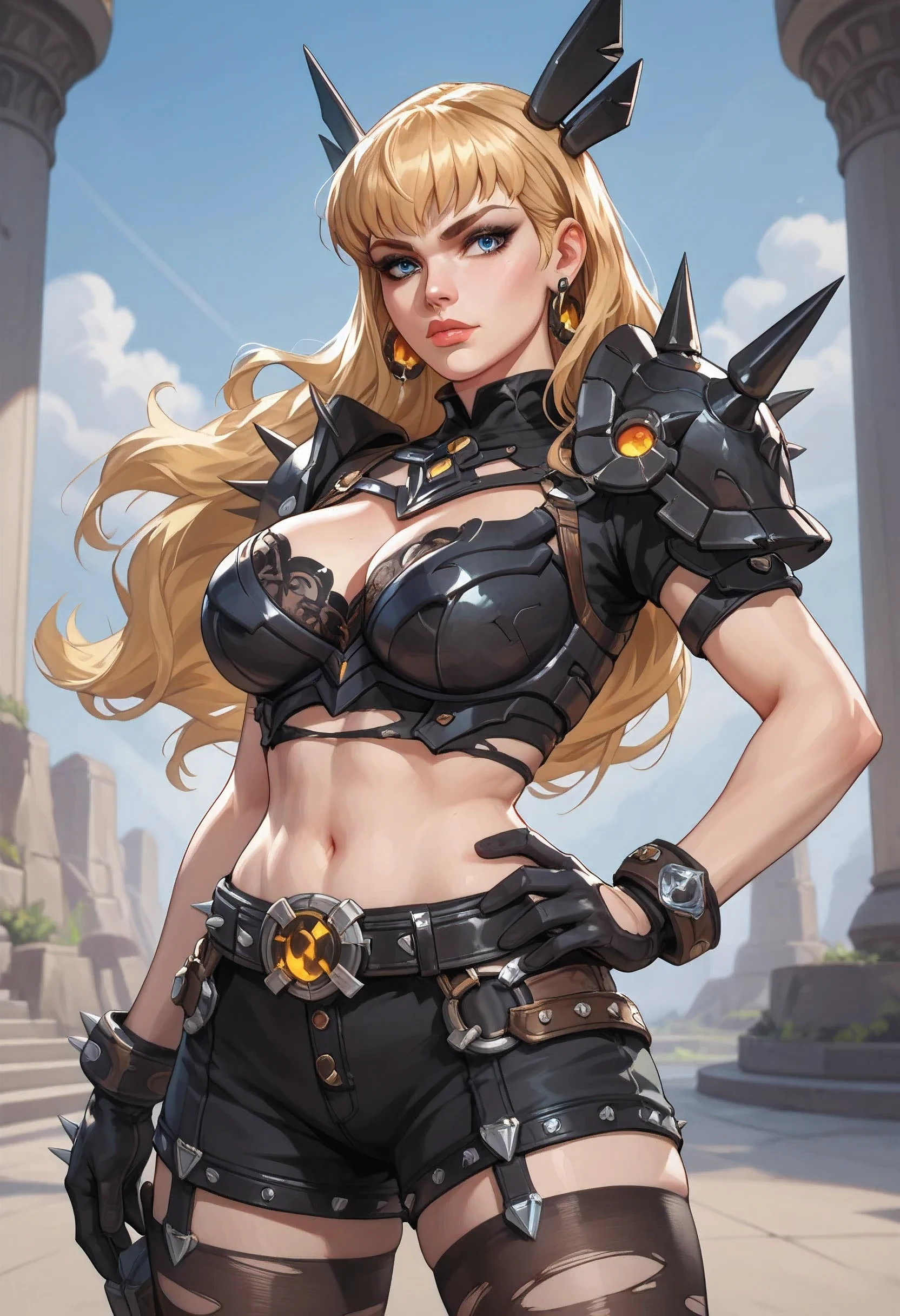 score_9, score_8_up, score_7_up, score_6_up, expressiveh, magik_rivals, 1girl, solo, cowboy shot, blonde hair, long hair, hair accessory, eyeliner, blue eyes, earrings, cropped bodysuit, black bodysuit, armor, belt, gloves, black gloves, black clothes, pauldrons, midriff, navel, short short, stockings, ripped stockings, spikes, hand on hips, sci-fi arena background, looking calm and gentle, big breasts, big butt, view from her knees till her face