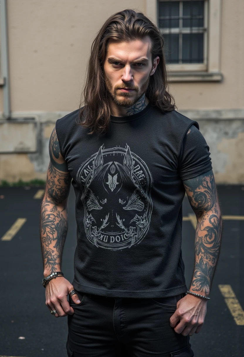 Best Quality,Masterpiece,Ultra High Resolution,(Realisticity:1.4),Original Photo,Cinematic Lighting, 1man, solo, Metalhead Style strong man in front of a christian church on fire at night, tattooed, wearing ripped black pants, black t-shirt, fit body, heavy metal style, photography, wojtek fus, heavy metal art style, angry , heavy metal concert. realistic, datailed, detailed face, 4K.