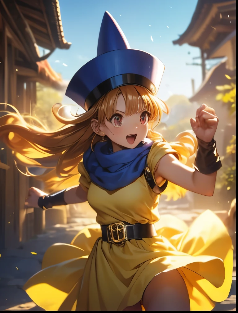 (((SFW、Accuracy、Highest quality、 A first-class masterpiece 、 Normal body 、8k、 detailed color 、 super precision 、 Normal Hands 、5See also、Highest)))、" Dragon Quest IV"、 Arena、arena、 Blonde、 straight long hair sticking out my crotch here、 short、 slender、yellow dress 、 yellow mini skirt、blue cloak 、blue pointy hat、 black belt 、Fighting Girl、 jump and kick