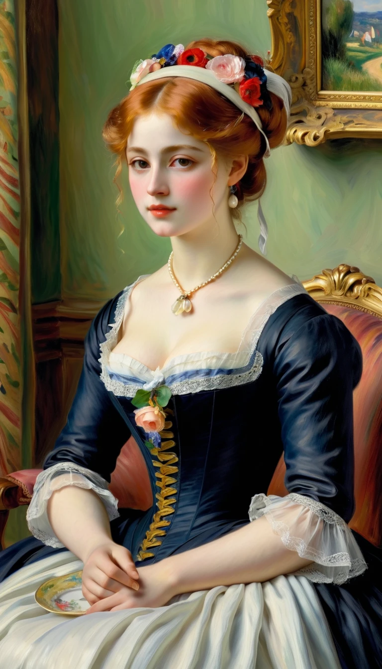 ((Best quality)), ((Masterpiece)), (detailed), Classic Oil Painting, Middle Ages, palace background, 1girl, alone, 26 year old, Scandinavian woman, Princess, Golden hair, bun-like hair style, bright blue eyes, pale skin, large breasts, tight blue dress, corset, off shoulder, cleavage, silver tiara, blue heels, looking at viewer