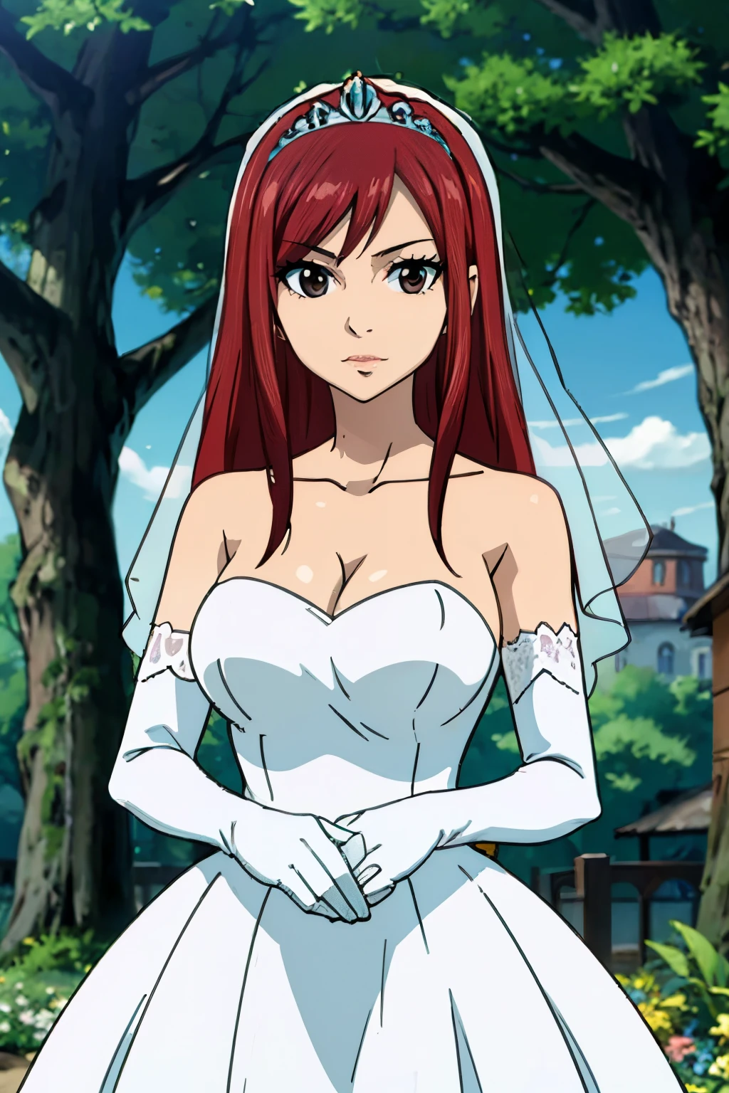 bride, ((solo)), Best Quality, hires, curvy midsection, (tilt head, defined weak muscles), smile, happy), anime style: 1.8, anime drawing, ultra detailed face, ultra detailed body, 4k, Sumergai Lee Noriega, karate stance, best quality, anime style, hires, highest definition, digital blending, bold drawing lines, (((White Background))), ( (defined muscles), slim body, ((strong arm muscles)), broad shoulders , off-shoulders, closed fists, (wedding dress, wedding tiara, wedding veil), (large breasts, defined cleavage, closed mouth, , shiny skin), (big eyes, brown eyes, shiny eyes), (reddish hair, bun, loose hair, wavy hair, short hair, floating hair)