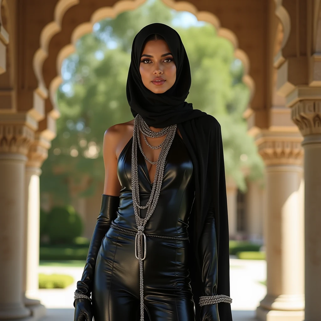long hijab, perfect face, blue eyes, juicy lips, red lips, sexy, (((mosque in background))), big mosque, thigh high, night, long dress, (((jewelry)))